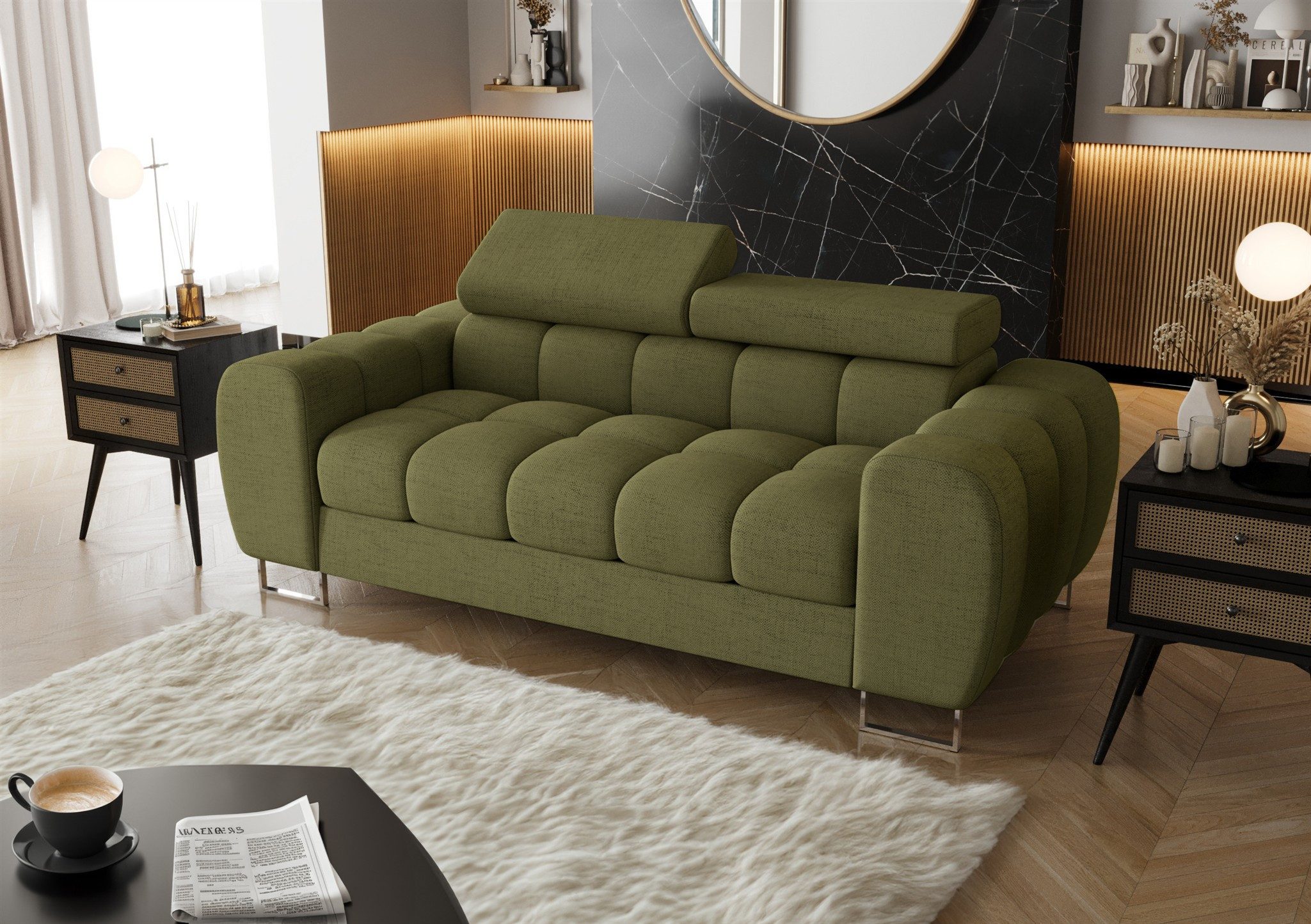 Fun Möbel 2-Sitzer Designersofa Sofa BASTIEN in Stoff, Rundumbezug, 2 einstellbare Kopfstützen