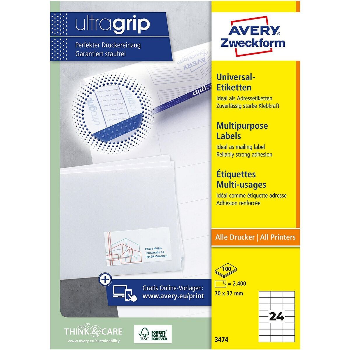 Avery Zweckform Etiketten 3474, 2400 Stück, Adresse universal (70 x 37 mm), selbstklebend