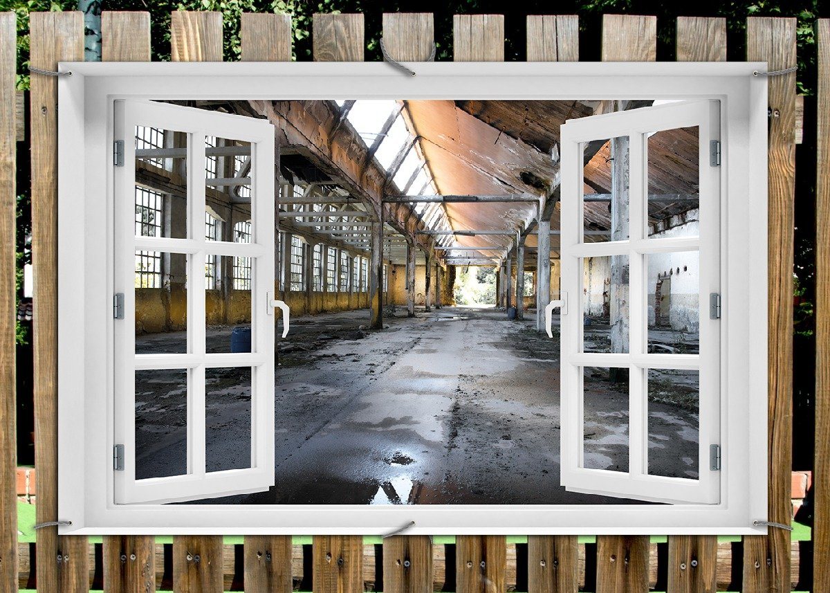 Thumbnail - Wallario Sichtschutzzaunmatten Alte Industriehalle leerstehend und einsam, mit Fenster-Illusion