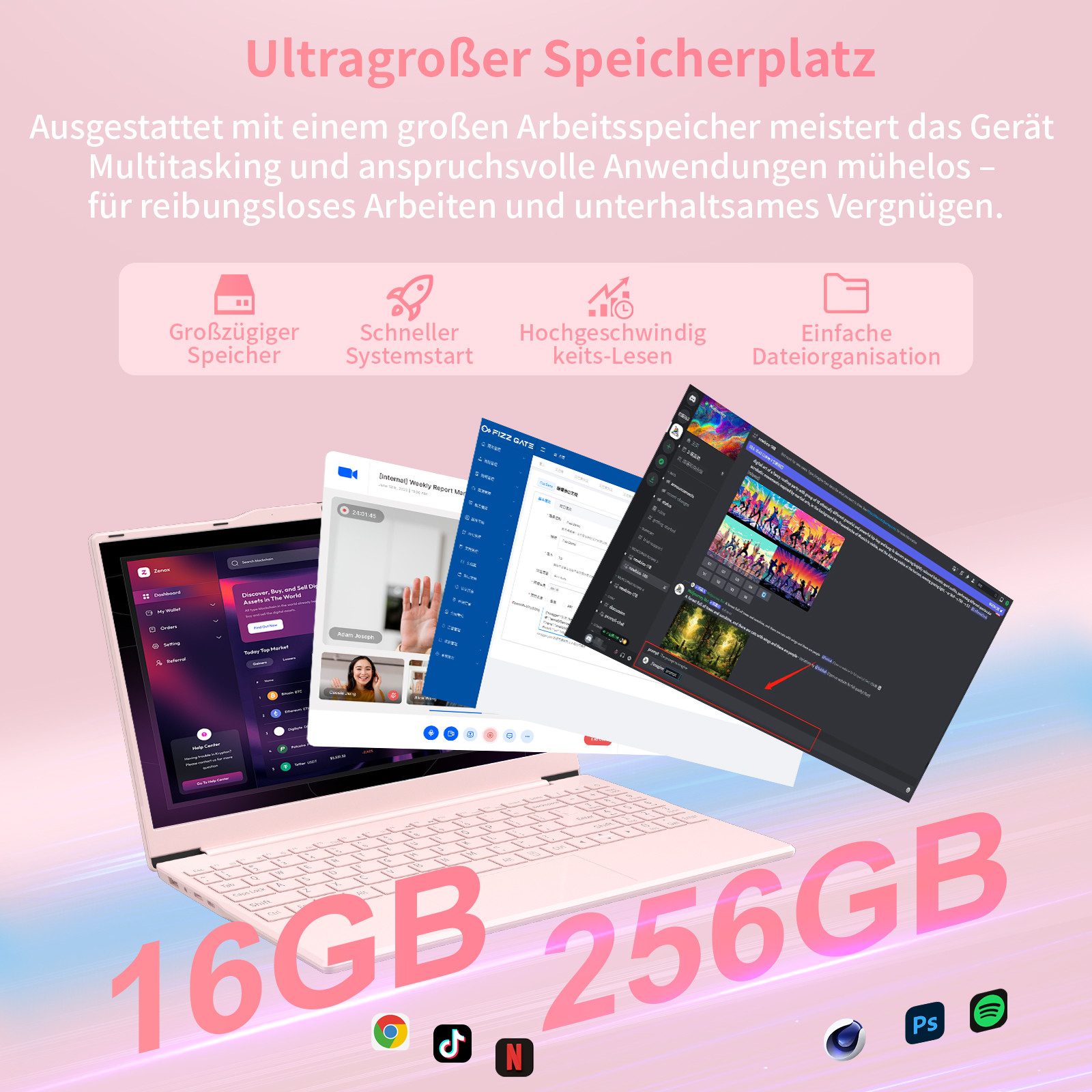 LONGEVINCE Rosa Laptop, 14 Zoll Full HD IPS - 16GB RAM, 1920x1080 Bildschirm Notebook (35,56 cm/14 Zoll, Intel Celeron N5095, Intel UHD Graphics, 16 GB, 238 GB SSD)