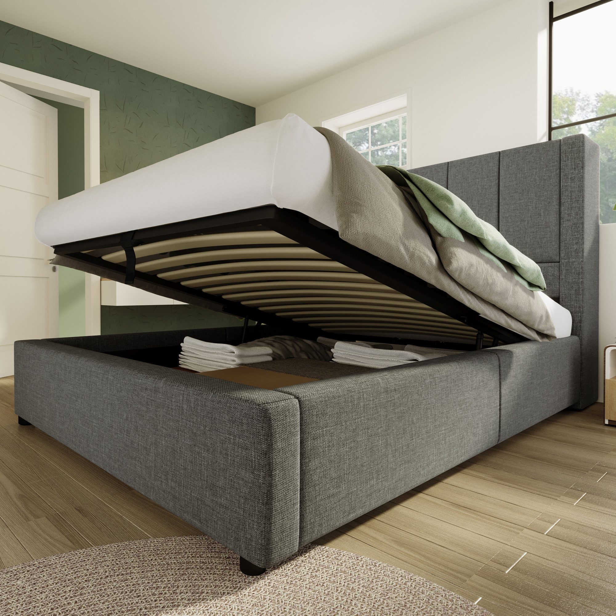 REDOM Polsterbett Polsterbett 90x200 cm mit Ladeanschluss und Stauraum (Struraumbett, Funktionsbett, Inkl. Lattenrost, Leinen Beige), mit verstecktem Becherhalter & Ladestation