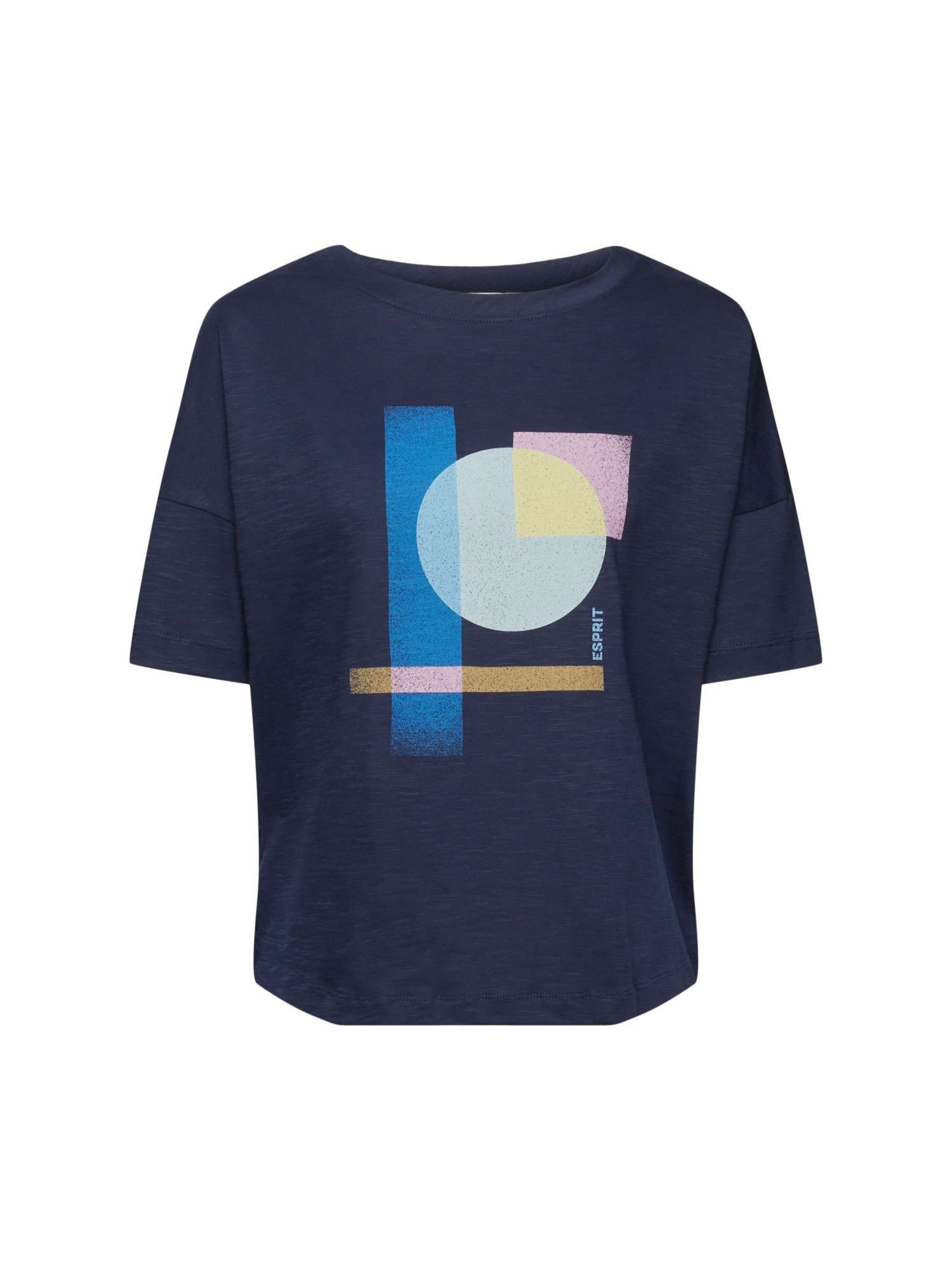 Esprit Langarmshirt Baumwoll-T-Shirt NAVY Print mit geometrischem (1-tlg)