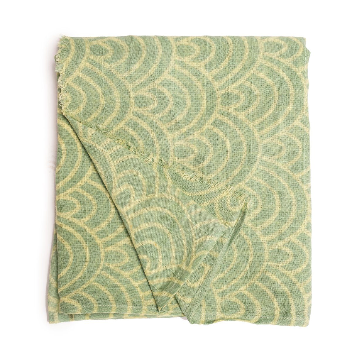 Fransen farbigen schönen elegantes Stola Schaltuch aus tragbar, Grün Baumwolle auch Halstuch kleinen PANASIAM mit oder Schultertuch Schal Designs in als Seigaiha