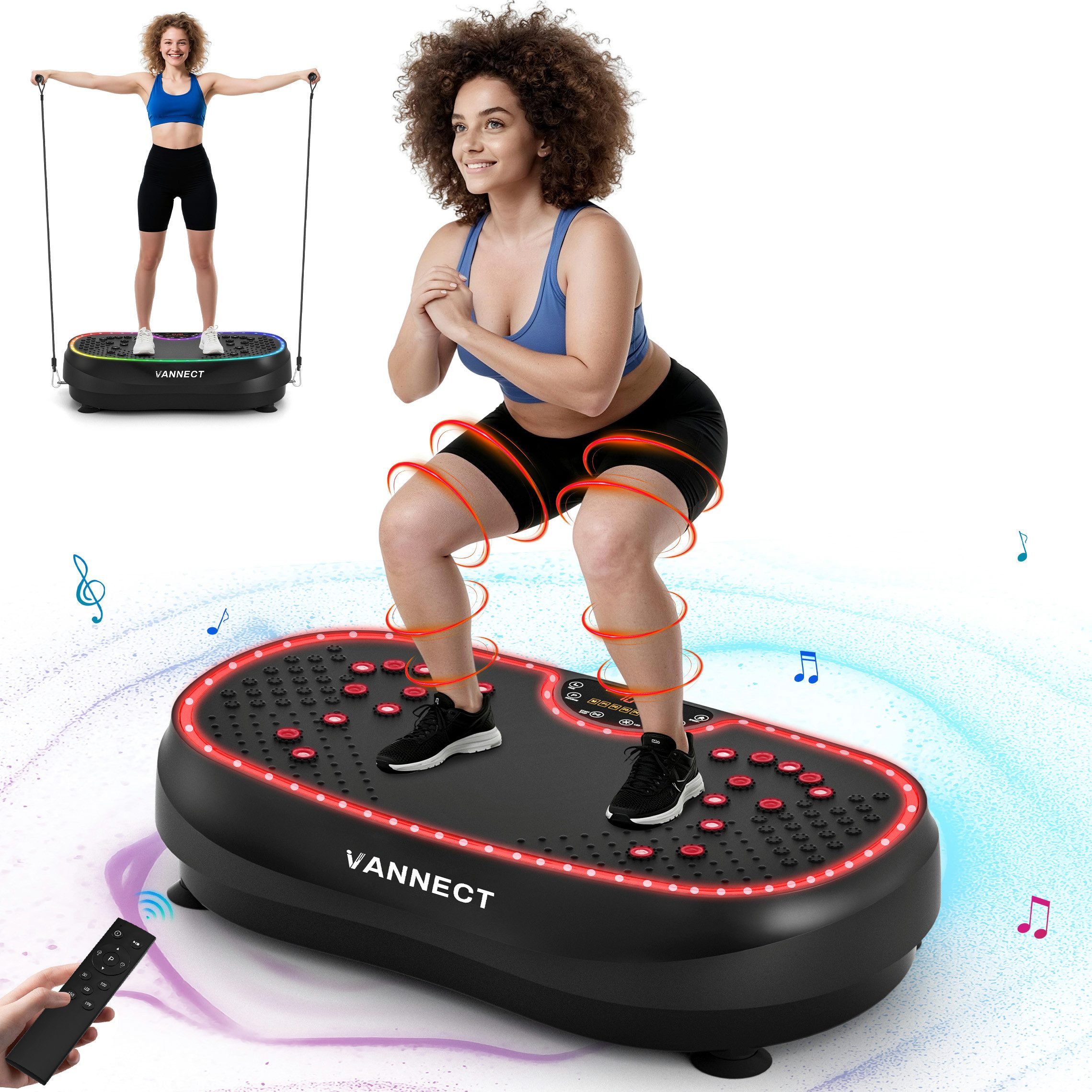 VANNECT Vibrationsplatte 2026 mit 6+1 Trainingsmodi, 9 coolen LED-Lichtern, 200 W, 199 Intensitätsstufen, (1 tlg., Power Llate mit 200W Bürstenlose Motoren), Vibrationsplatte für Zuhause, 199 Geschwindigkeiten, bis 230 kg