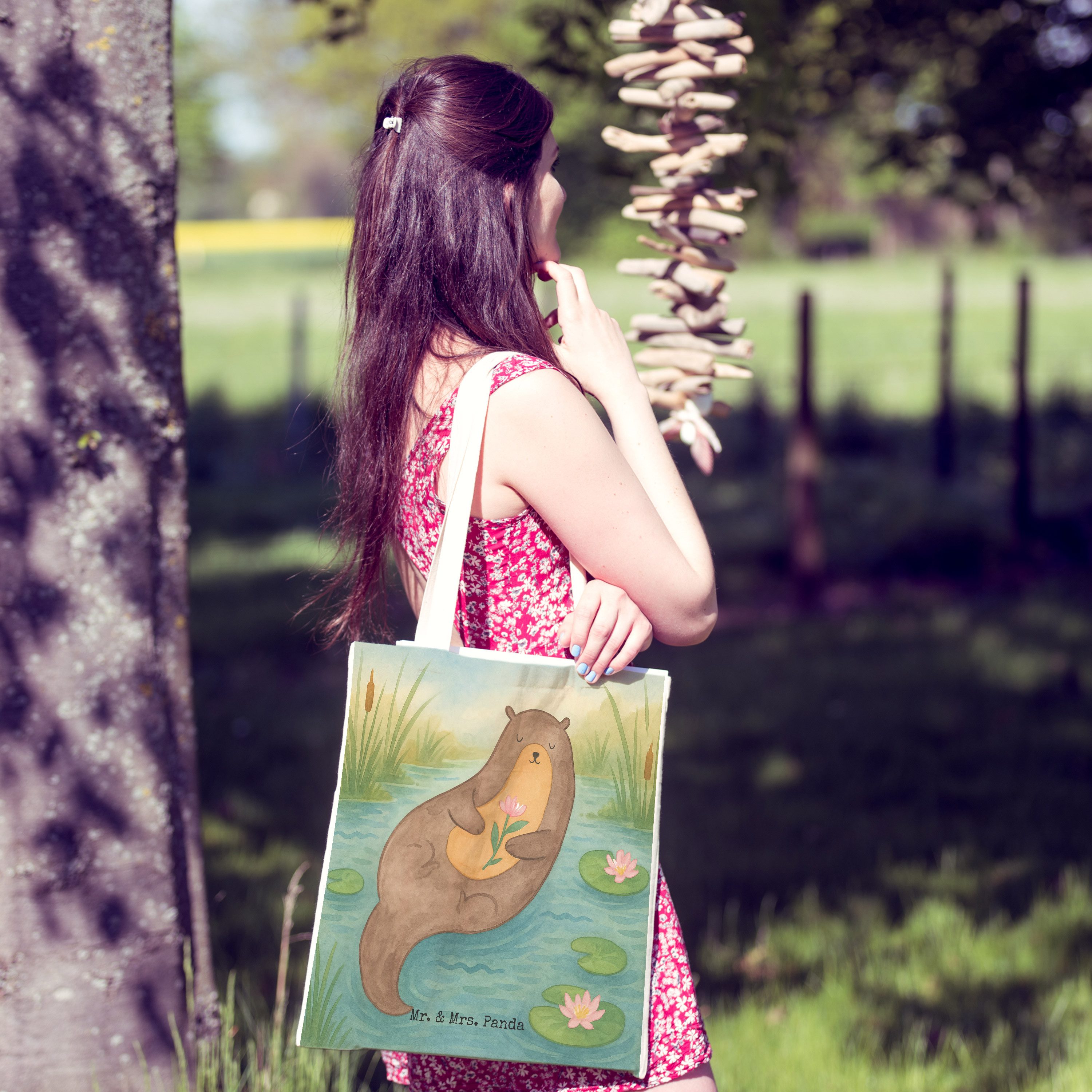 Mr. & Mrs. Panda Tragetasche Otter Seerose Design, Tote Bag, Weiß, Beuteltasche, glücklich, Wasser (Packung), Stofftragetasche Tragetasche Mit Spruch markttasche