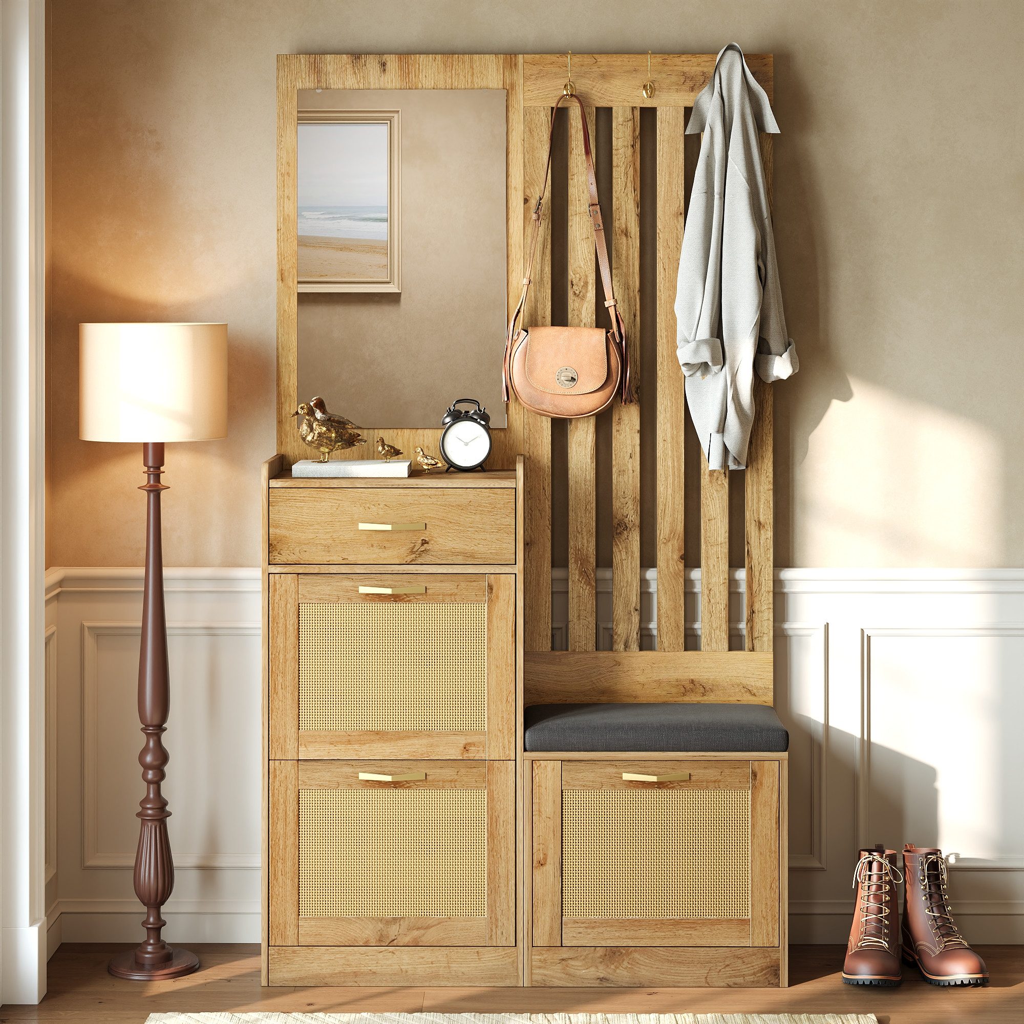 Merax Kompaktgarderobe mit Rattanoptik, Spiegel & Sitzbank (1-St) Garderoben-Set schmale Flurgarderobe mit Schuhschrank,Haken & Stauraum