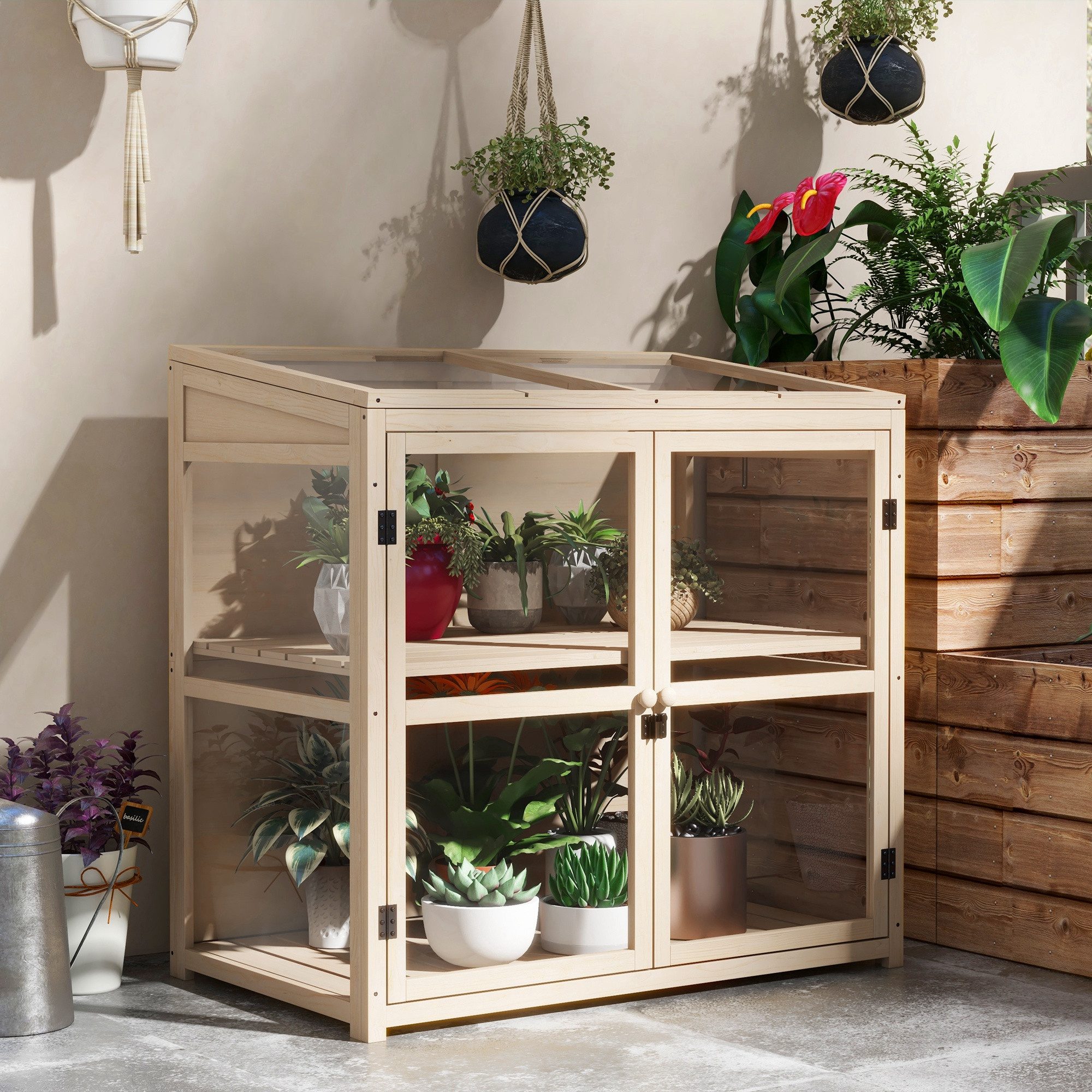 Outsunny Hochbeet Frühbeet aus Holz, Gewächshaus mit Doppeltür, Dachfenster (Treibhaus, 1 St., Anzuchtbeet), für Garten, Balkon, Natur, 103 x 61 x 103 cm