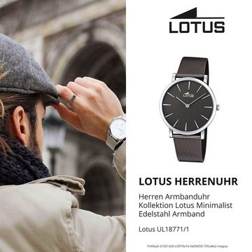 Lotus Quarzuhr Lotus Herren Armbanduhr Minimalist, Herrenuhr rund, groß (ca. 40mm) Edelstahlarmband braun
