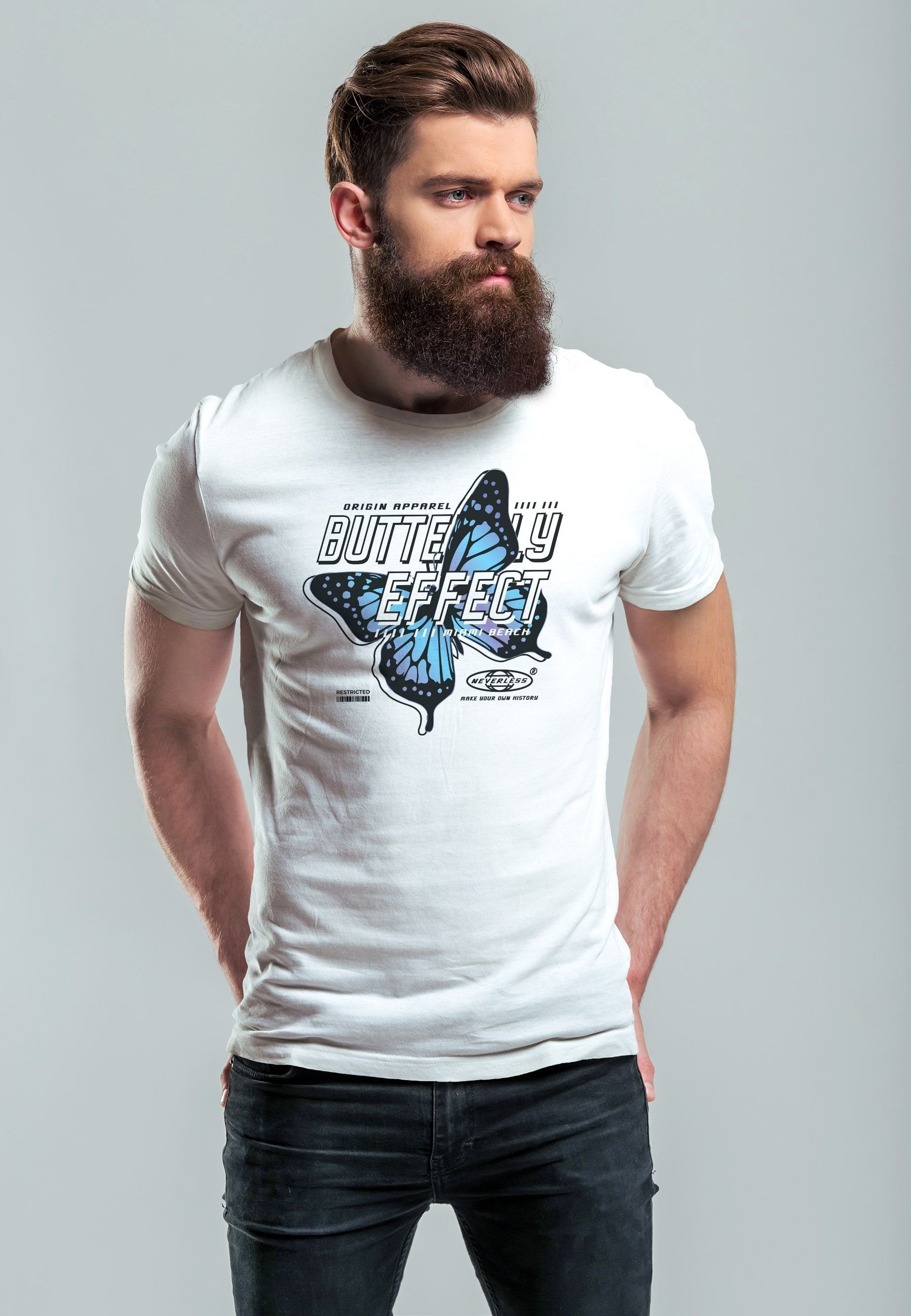 T-Shirt Schriftzug Schmetterling Neverless Effect Print-Shirt Herren Bedruckt mit Butterfly Fash Print weiß