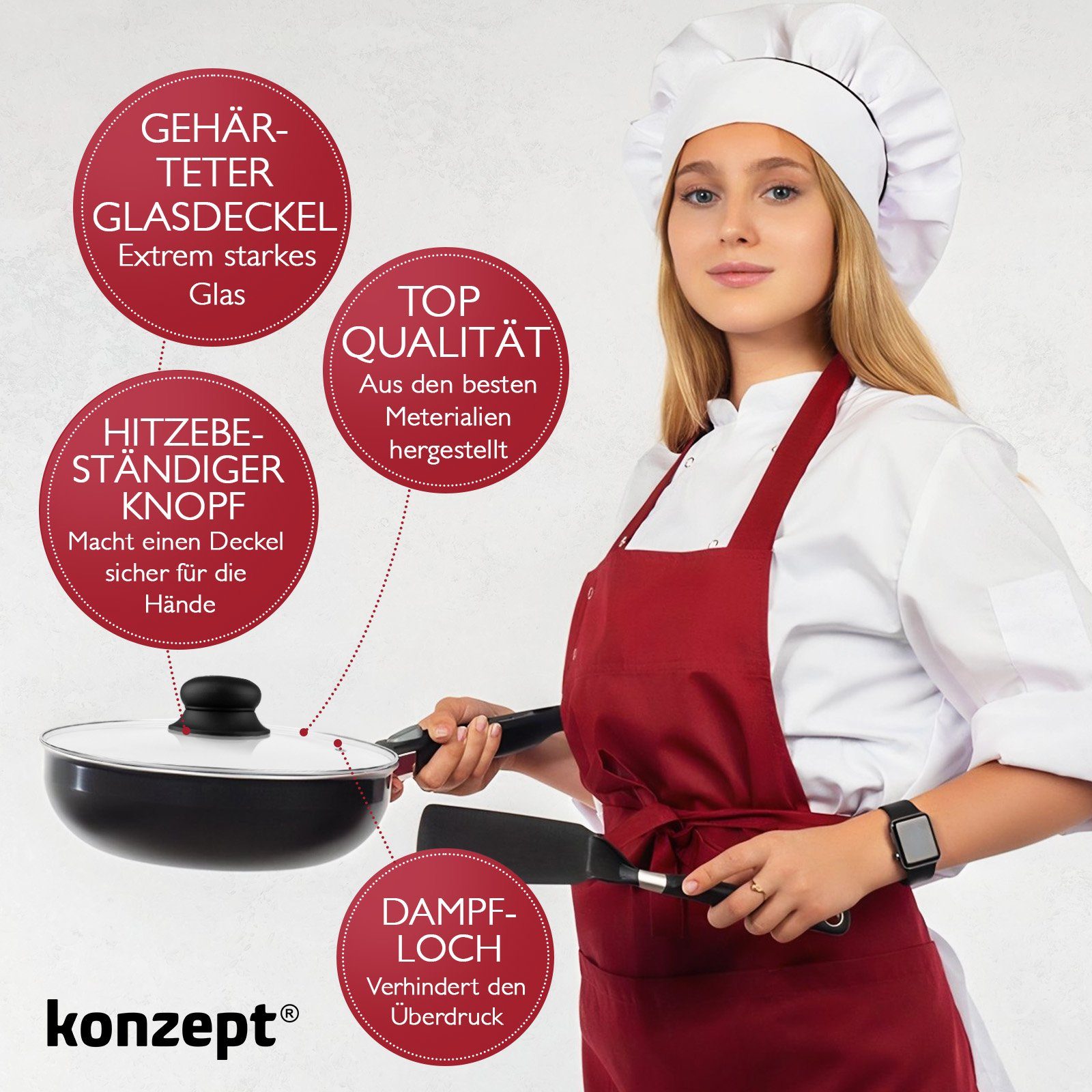 KONZEPT Topfdeckel Topfdeckel aus Glas Verschiedene Durchmesser, Ø 14 - 30 cm, Dampfauslass, spülmaschinengeeignet