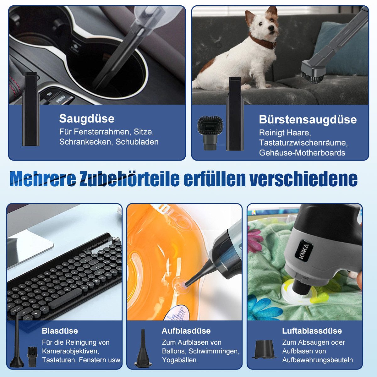 KNKA Akku-Handstaubsauger 9000Pa Aufladbar Tragbar Leicht Mini Staubsauger Kabellos Typ-C, 120 W, mit HEPA-Filter, Aufladbar, für Auto, Haus, Tierhaare
