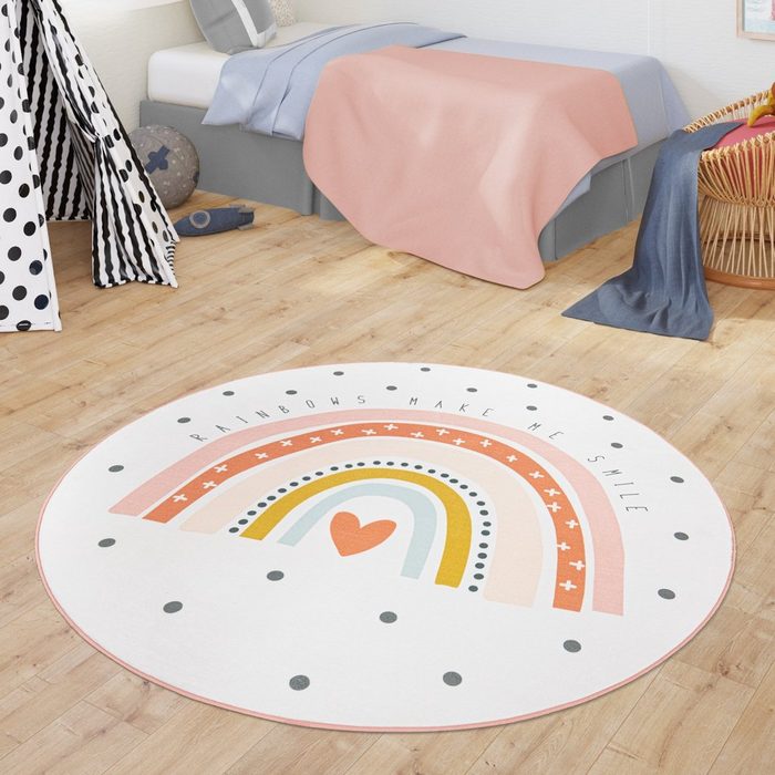 Kinderteppich Teppich Kinderzimmer Kinderteppich Babymatte Regenbogen Motiv Mit Herz Design TT Home rund Höhe: 8 mm