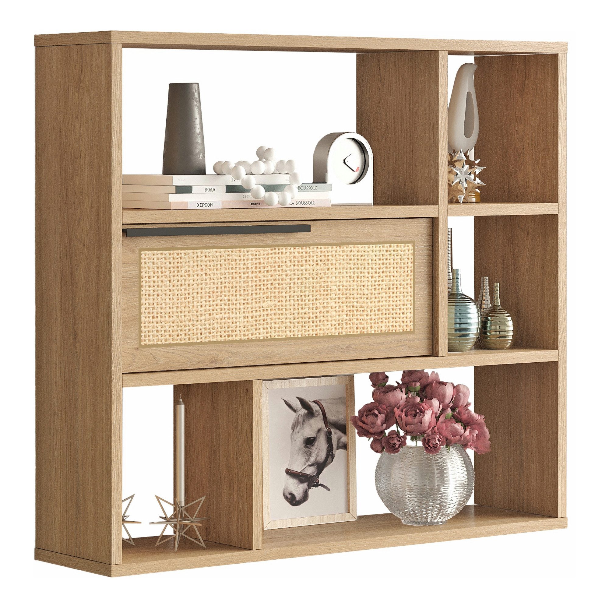 en.casa Wandregal, »Piteå« 90x22x81cm Eiche/Rattanoptik günstig online kaufen