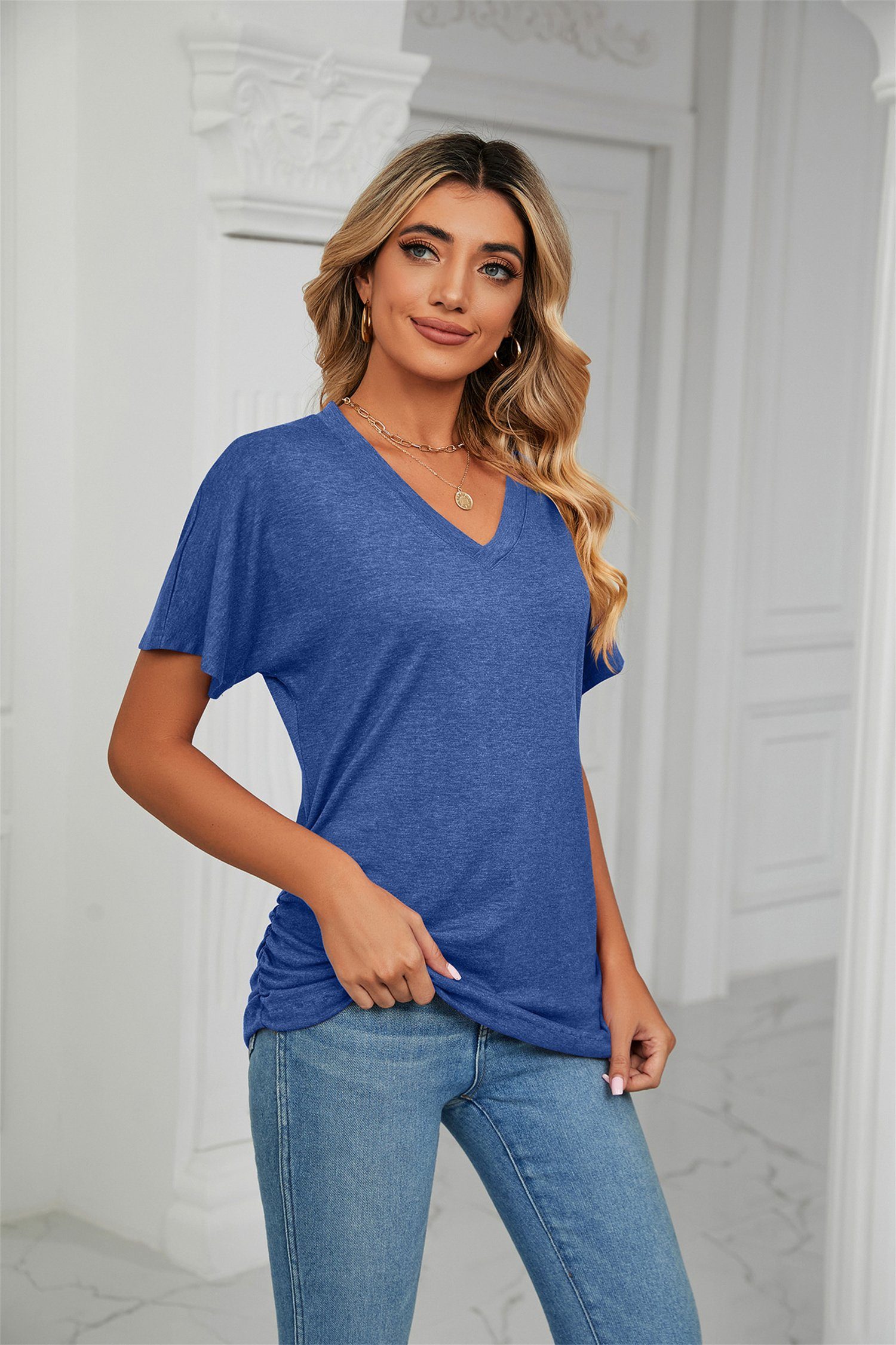 carefully selected V-Shirt Blau Damen-T-Shirt, V-Ausschnitt, Sommer-Basic-Bluse kurzärmelig