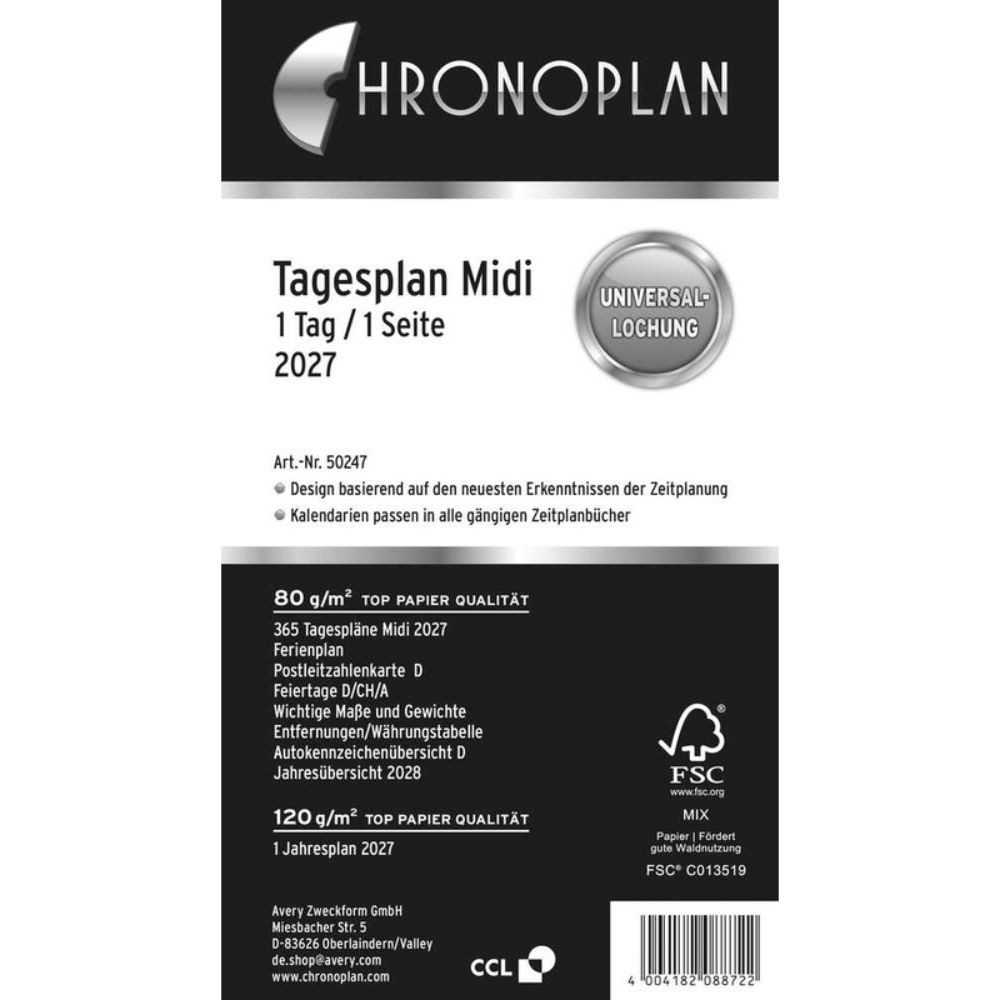 AVERY Terminkalender 50247 CHRONOPLAN Kalendereinlage 2027 Midi Tagesplaner