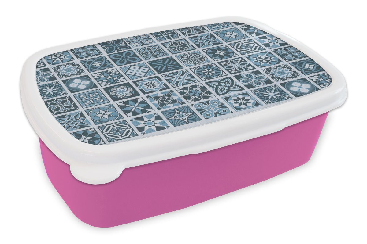 MuchoWow Lunchbox Blumen - Blau - Muster - Figuren, Kunststoff, (2-tlg), Brotbox für Erwachsene, Brotdose Kinder, Snackbox, Mädchen, Kunststoff rosa