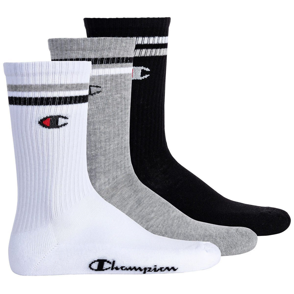 Champion Kurzsocken Unisex Socken, 3 Paar - Crew Socken, Logo Schwarz/Weiß/Grau