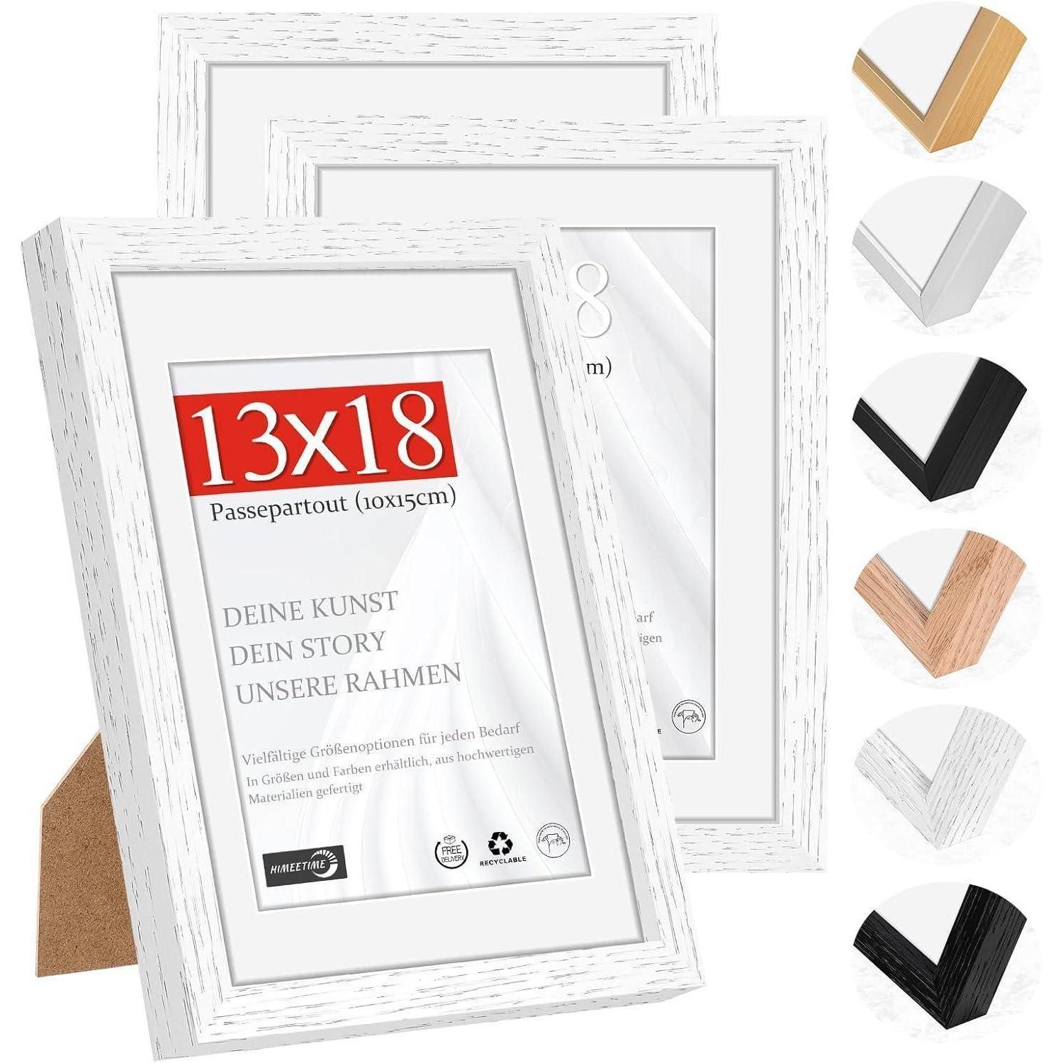 LuxusKollektion Bilderrahmen-Set Bilderrahmen 13x18cm 3x Passepartout Holz Weiß 13x18cm 3x, (3 St)