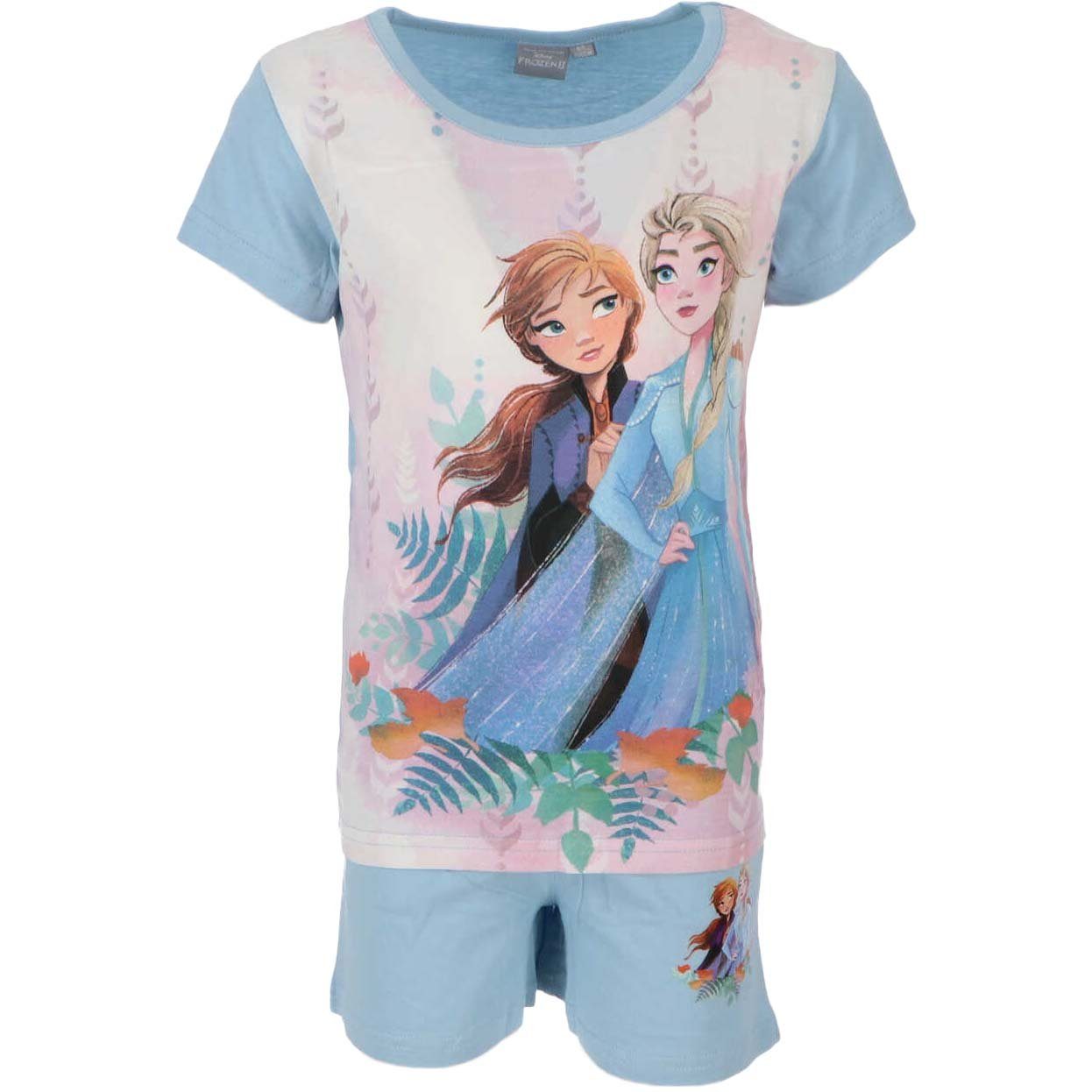 Disney Frozen Schlafanzug Die Eiskönigin Anna Elsa kurzarm Pyjama Gr. 98 bis 128, 100% Baumwolle Blau