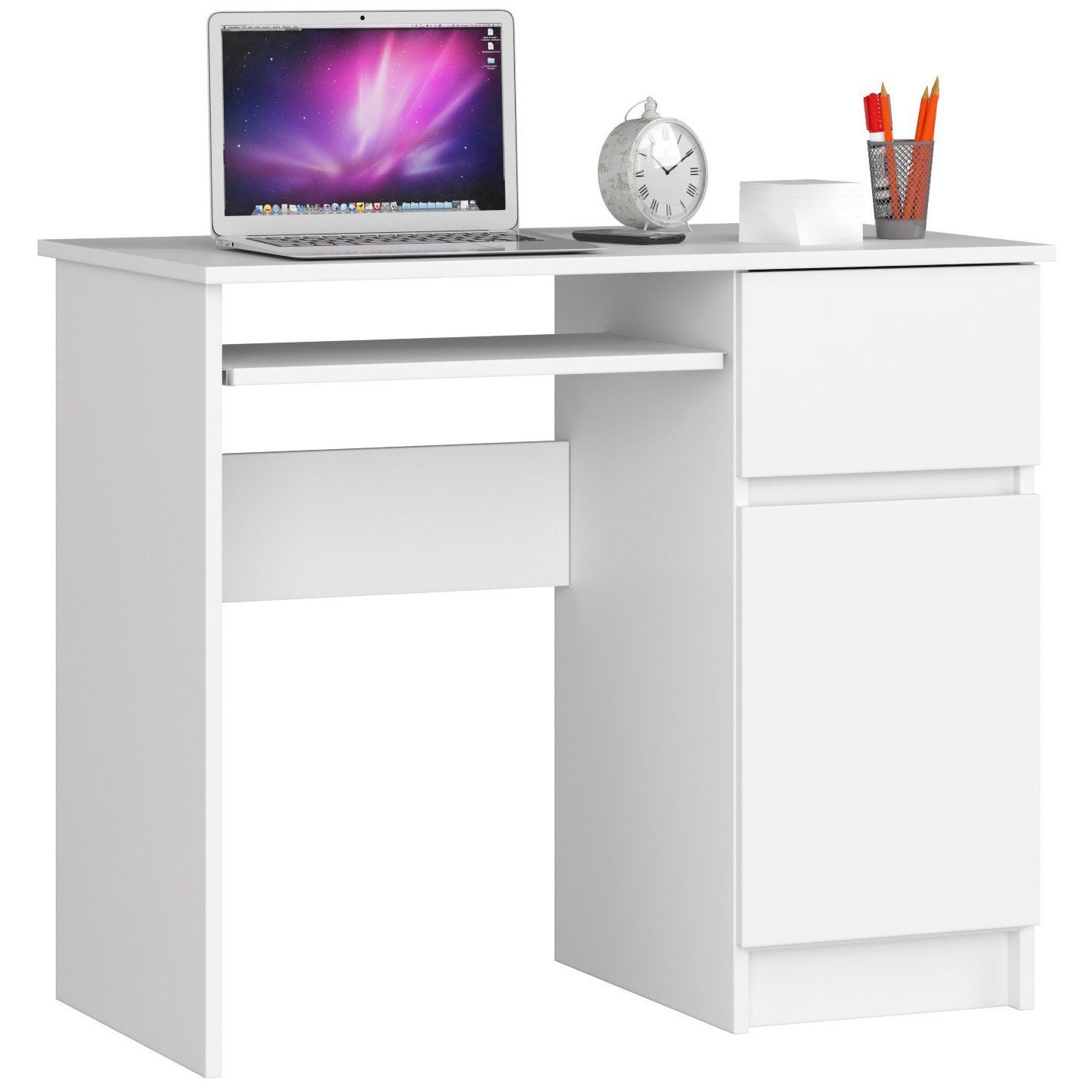 Home Collective Computertisch Bürotisch, mit 1 Schublade, 2 Regalen und ausziehbaren Tastaturablage, abriebfeste Laminatplatte mit ABS-Kante, weiß, Fächer rechts