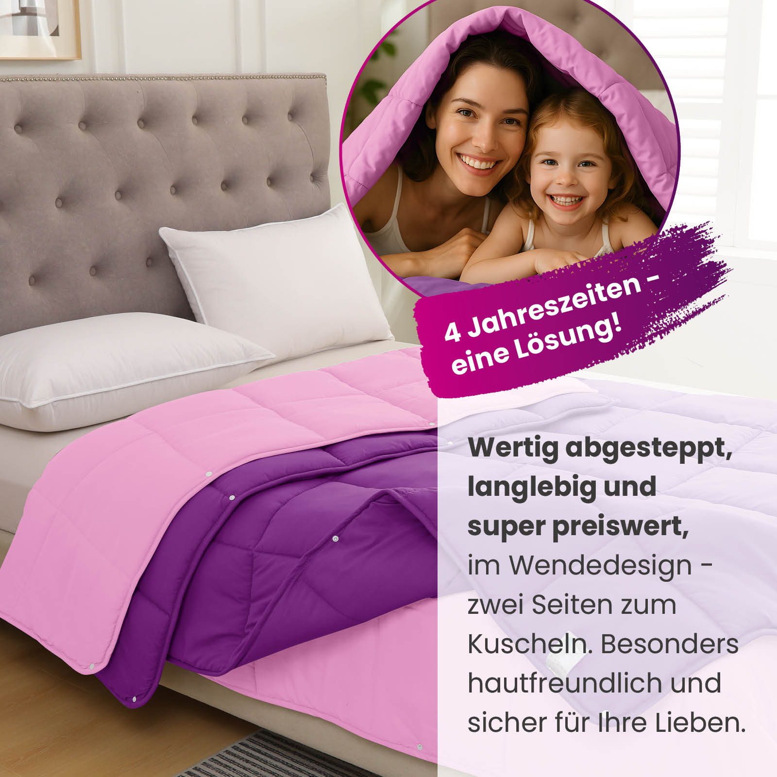 wometo Microfaserbettdecke 4-Jahreszeiten Steppbett Bi-Color, 2 Deckengrößen, Füllung: Kunstfaser, OEKO-TEX®, gesteppte Bettdecke für das ganze Jahr