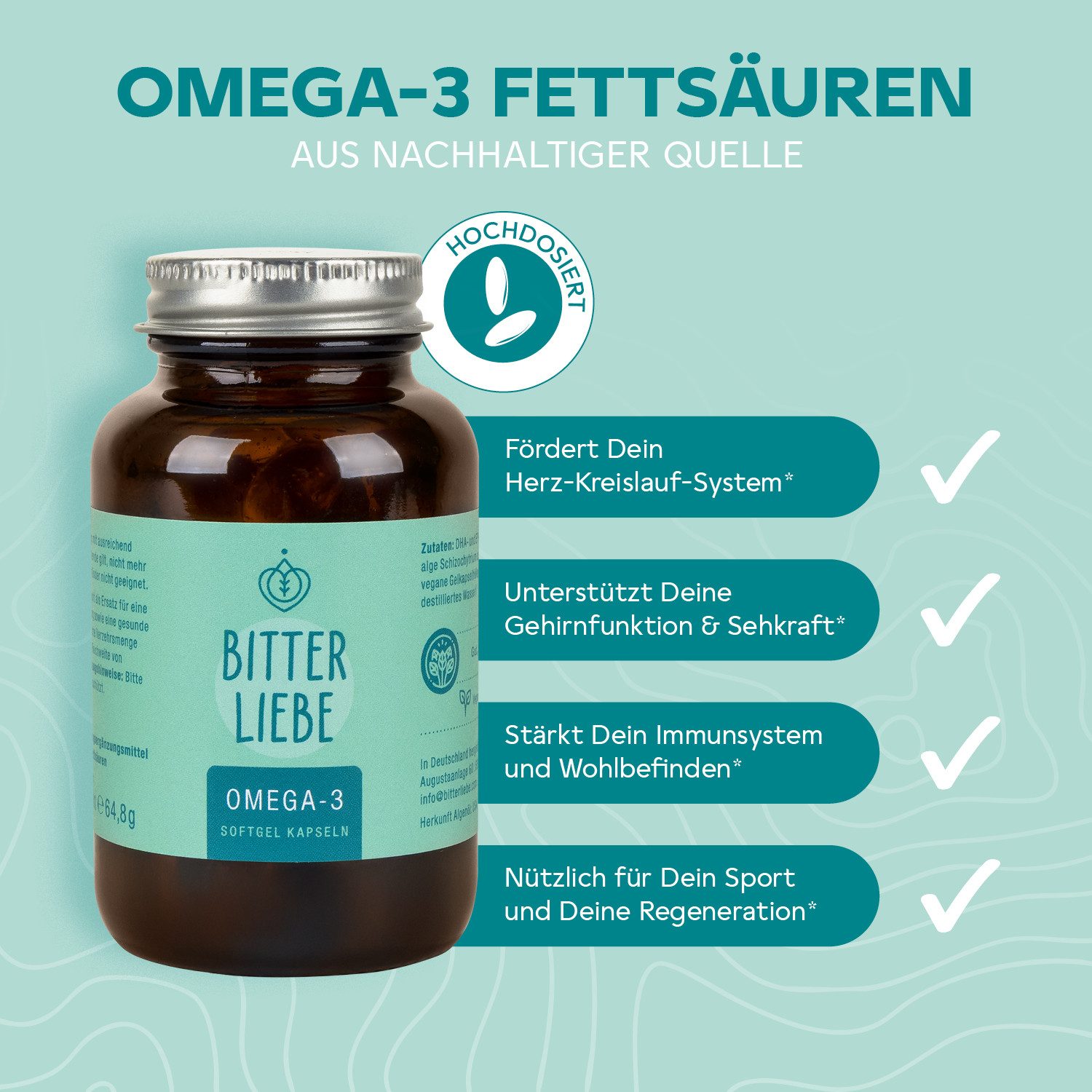 BitterLIebe - Vegane Omega 3 Kapseln - hochdosiert aus pflanzlichen Algenöl - Kapseln