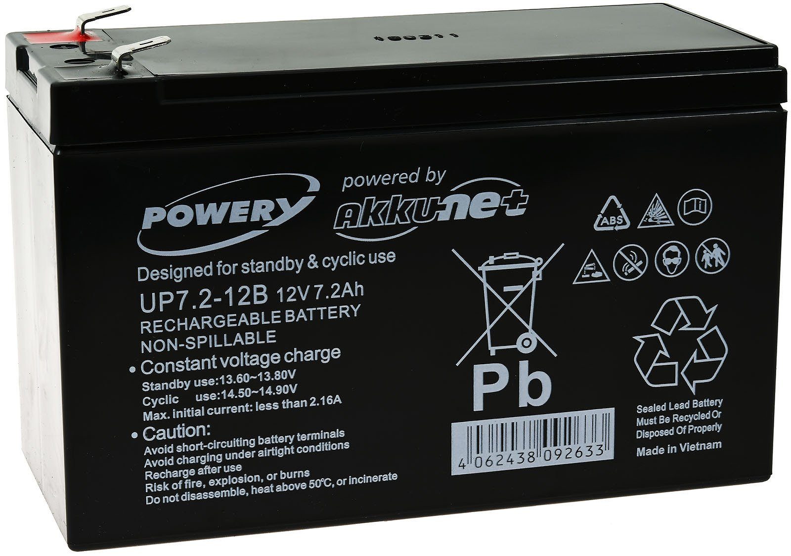 Powery Blei-Gel Akku 12V 7,2Ah Bleiakkus 7200 mAh (12 V)