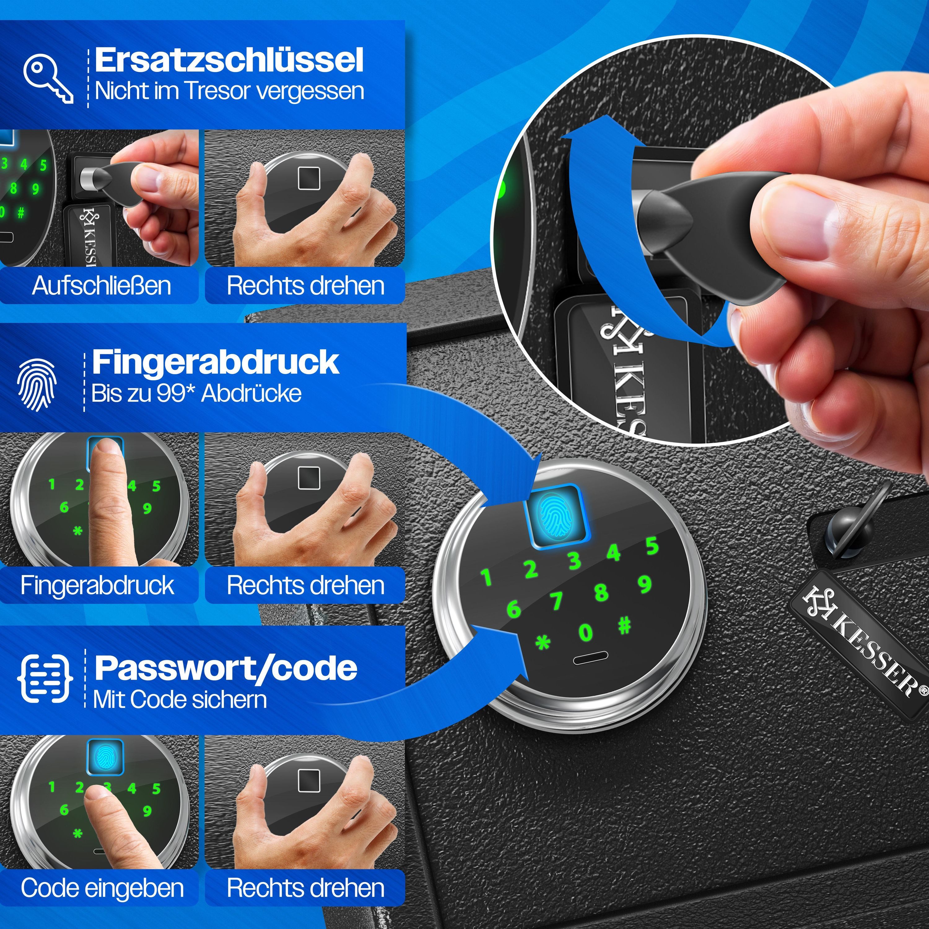 KESSER Tresor mit Fingerabdruck & Schlüssel Elektronischer Safe Möbeltresor (Wandtresor mit Ersatz-Schlüssel, Batterien, Notfall-Akku & Wandbolzen), Boden & Wan – Bild 5 von 5