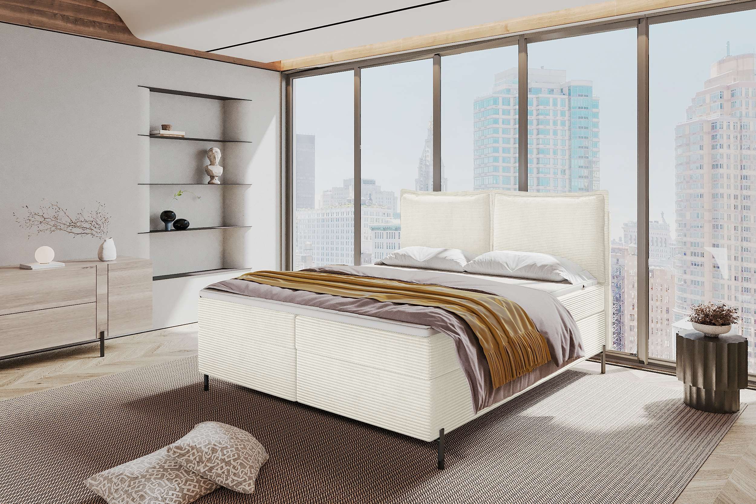 99rooms Boxspringbett Vero (Schlafzimmerbett, Bett), 140/160/180/200x200 cm, in Cord POSO, mit Topper, Bettkasten