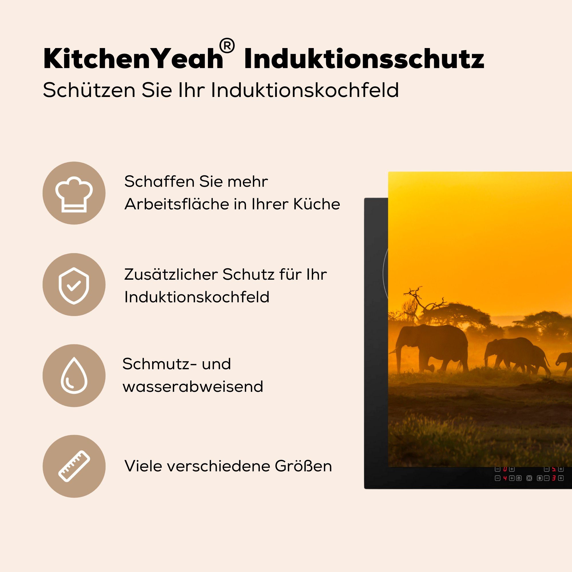 Arbeitsplatte Ceranfeldabdeckung, küche MuchoWow tlg), für Orange, - Vinyl, - Tier (1 Herdblende-/Abdeckplatte cm, 78x78 Elefant
