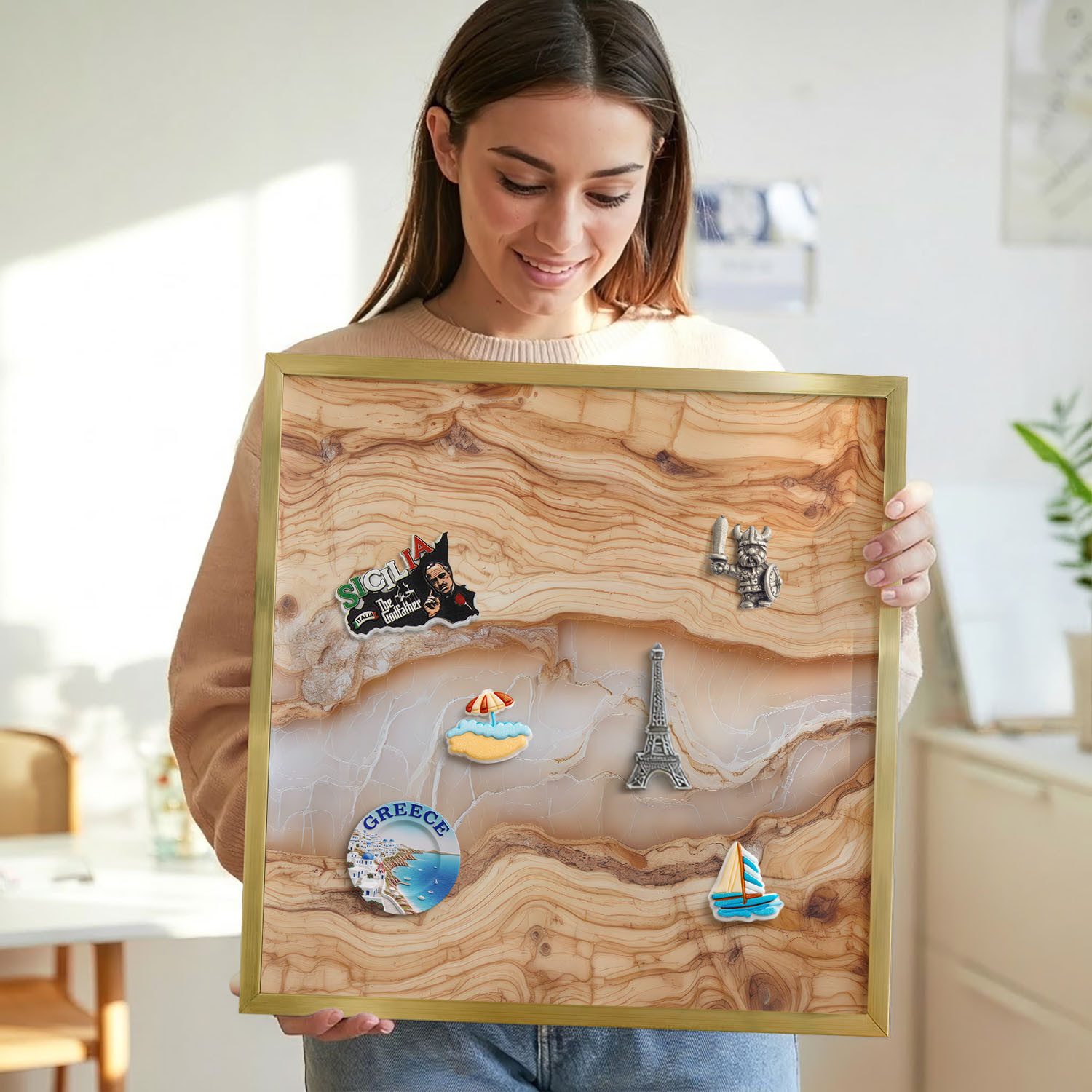 Tulup Magnettafel Magnettafel mit Rahmen für Magnete als moderne Wanddekoration, Holzstruktur mit Harz, Braun