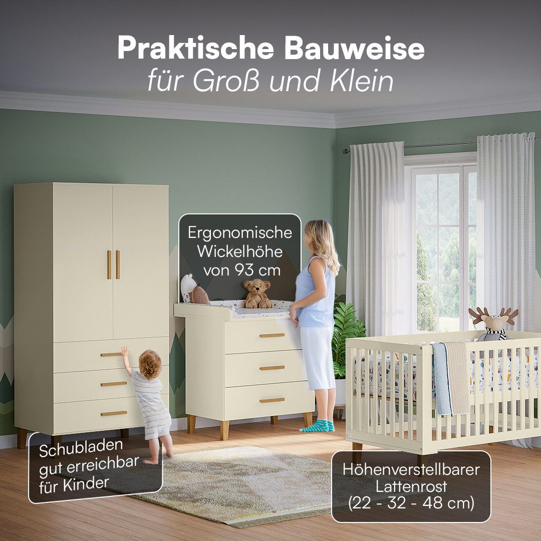 Bellabino Babymöbel-Set Liri, (Beige/Natur, 3-tlg., Kinderbett, Wickelkommo günstig online kaufen