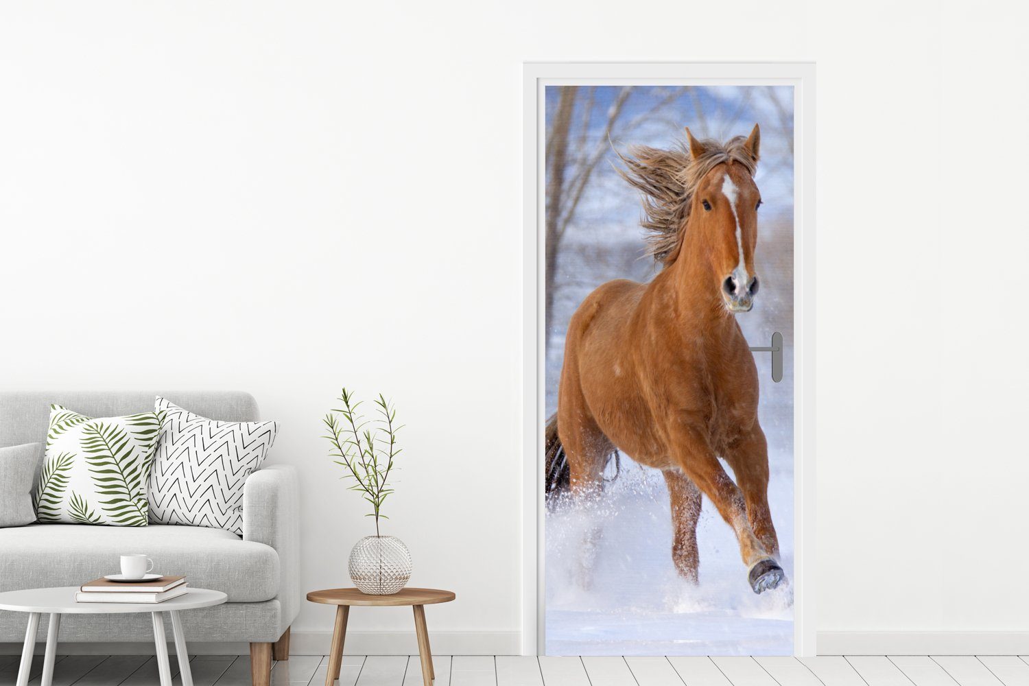 MuchoWow Tür, Schnee (1 - Braun, Türaufkleber, Fototapete 75x205 cm Matt, Pferd - für bedruckt, Türtapete St),