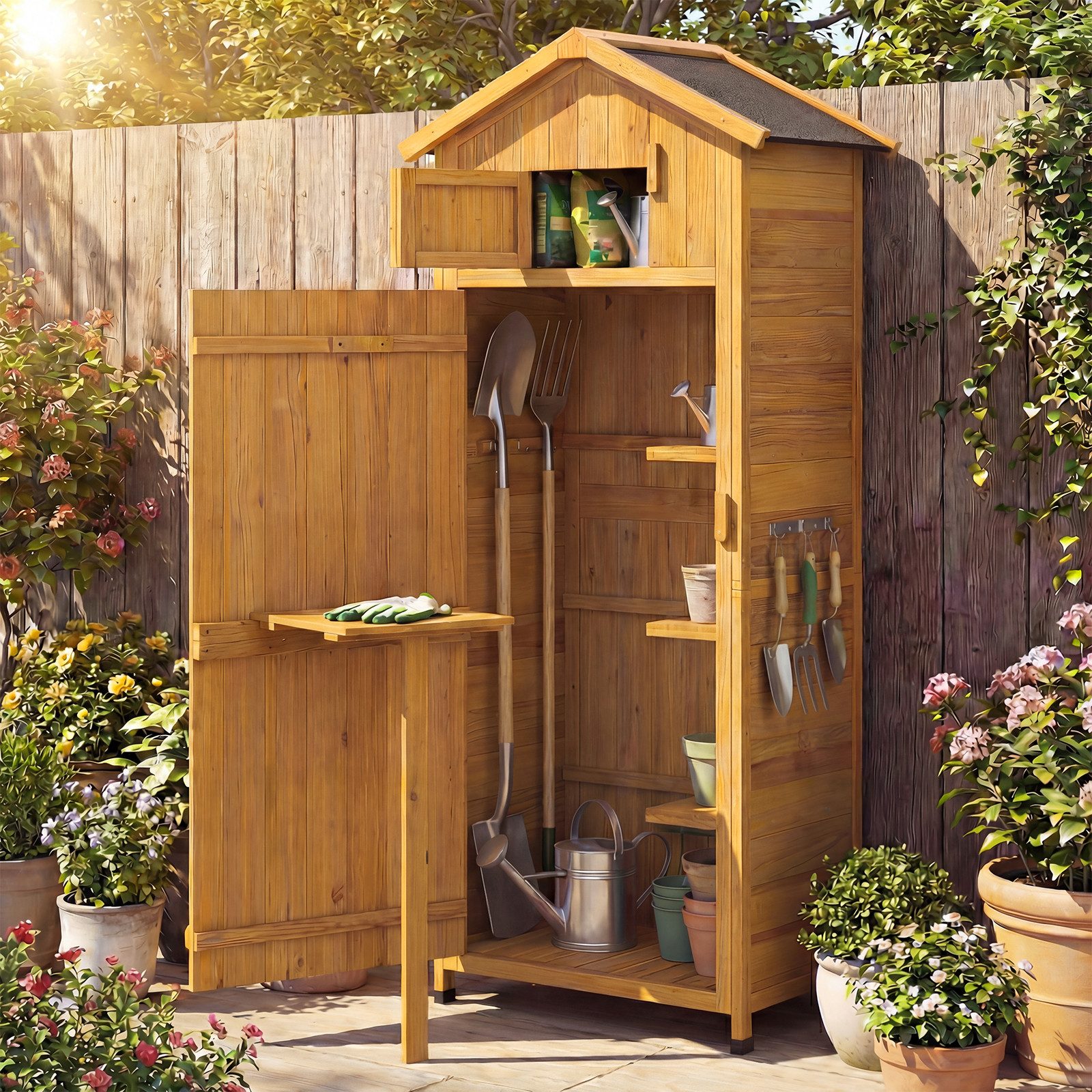 KOMFOTTEU Geräteschrank mit 3 abnehmbaren Regalen, klappbarem Tisch & 3 Haken