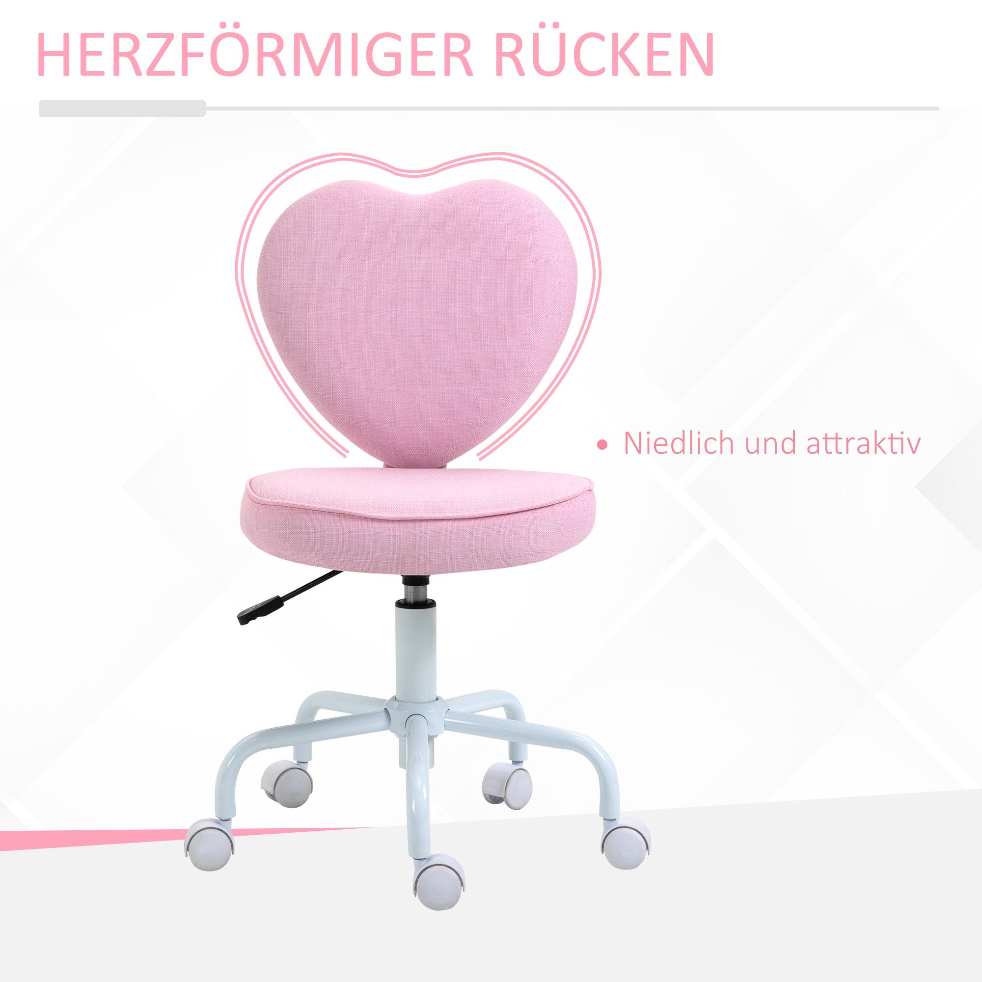 HOMCOM Bürostuhl Chefsessel Drehstuhl Sitzhöhenverstellung niedlich herzförmig (Computerstuhl, 1 St), Rosa Leinenstoff 42 x 50 x 79-89 cm – Bild 5 von 5