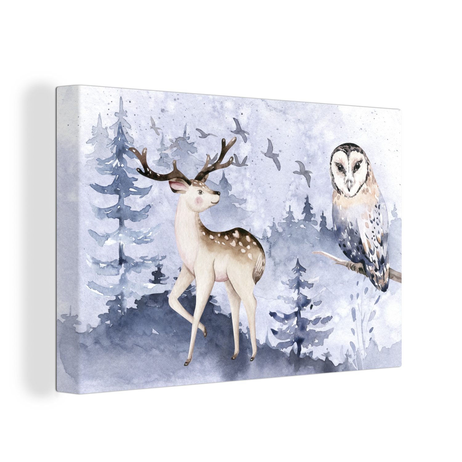 OneMillionCanvasses® Leinwandbild Winter - Wald - Eule - Hirsch, (1 St), Wandbild Leinwandbilder, Aufhängefertig, Wanddeko, 30x20 cm