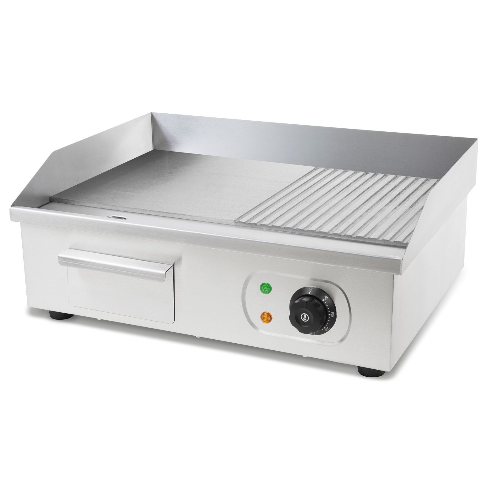 vertes Elektrogrill aus Edelstahl Grillfläche Glatt & Mit Rillen 55x35cm, Thermostat, 3000 W, Temperatur 50-300°C, Spritz & Wärmeschutz, Auffangbehälter, Gummifüße