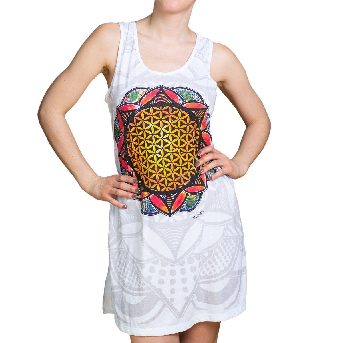 PANASIAM Tunikakleid Mirror Dress Lebensblume oder YinYang Shirtkleid auch als Longshirt Strandkleid oder Tunika zu tragen kurzes Sommerkleid Lebensblume weiß