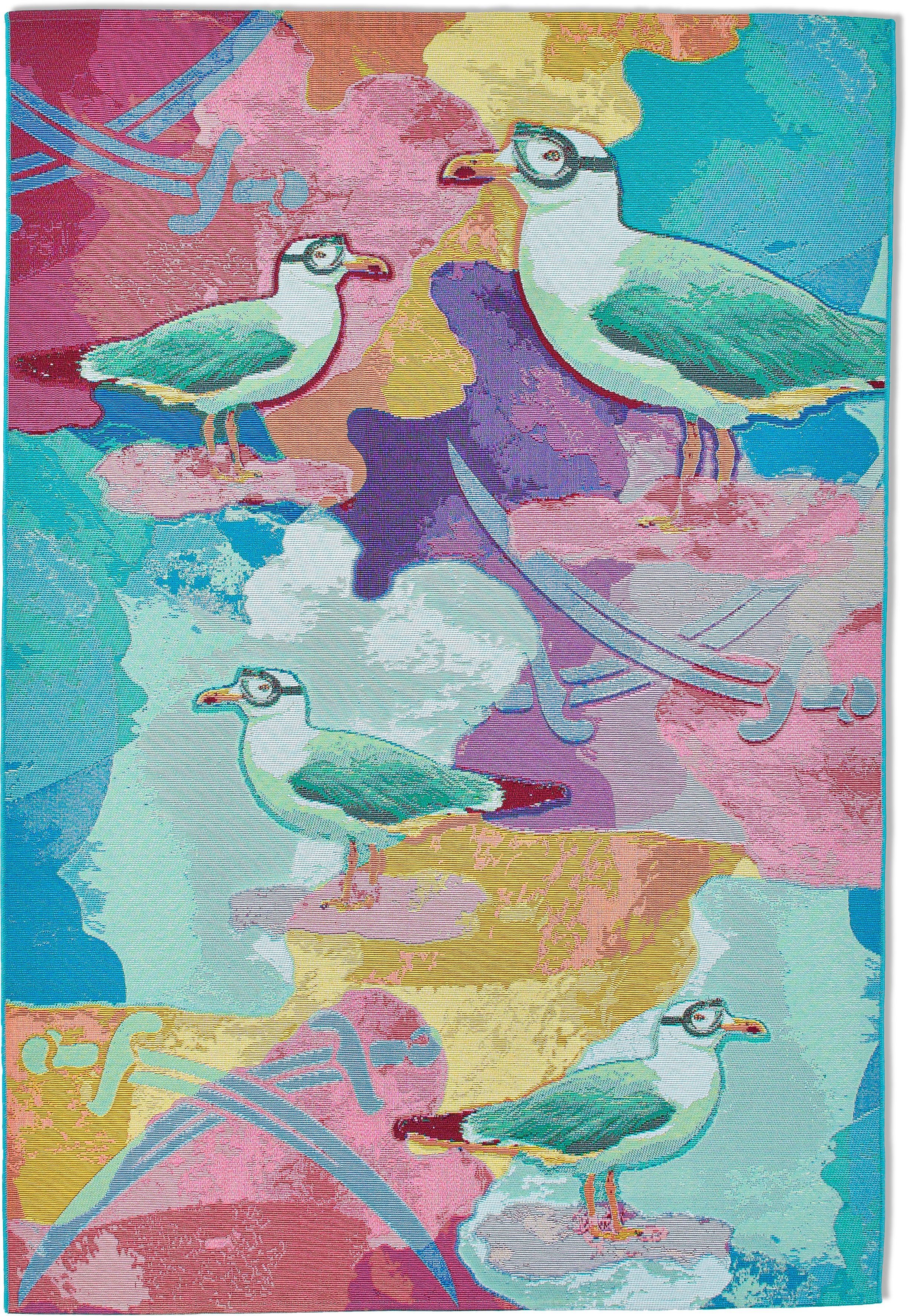 Sansibar Teppich Rantum Beach SA-022, rechteckig, Höhe: 5 mm, Flachgewebe, modernes Design, Motiv Möven, In- & Outdoor geeignet