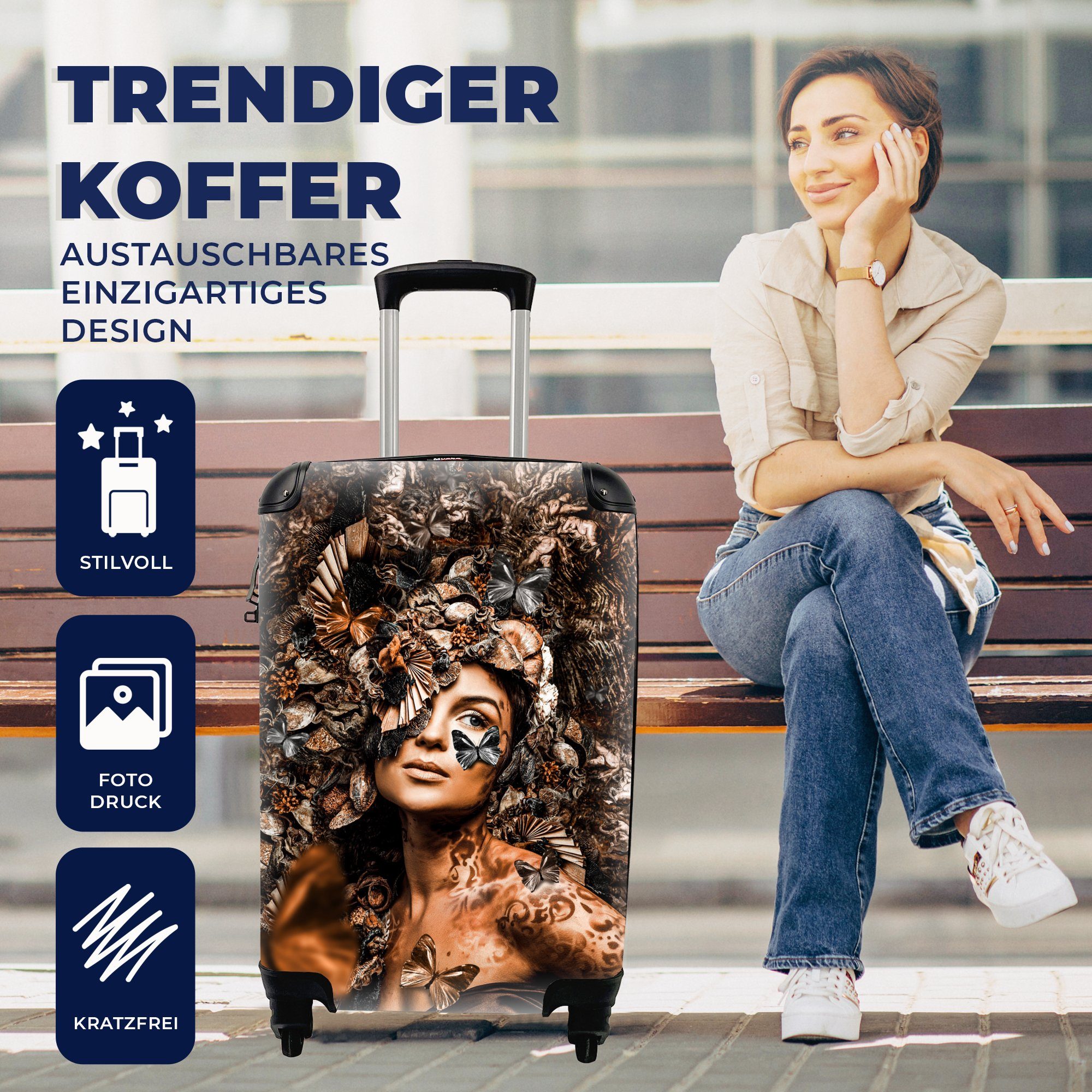 Reisetasche - Frau Reisekoffer für Trolley, Handgepäck Schmetterling, 4 mit Handgepäckkoffer Rollen, Ferien, rollen, - Luxus MuchoWow