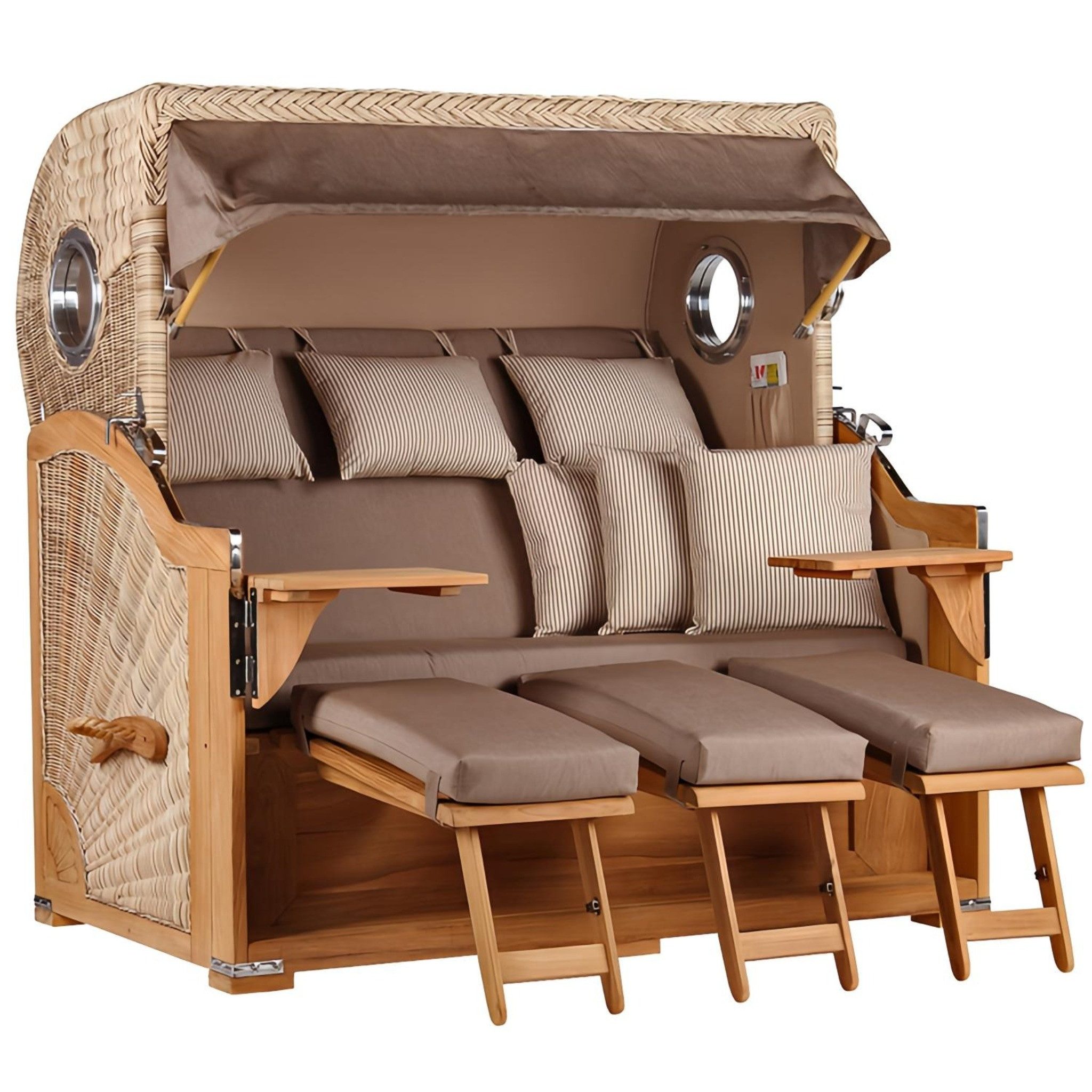 MR.DEKO Strandkorb XXL Dreisitzer Teak Shell PE-Geflecht mit Bullaugen 170x95x170cm, BxTxH: 170x95x170 cm, XXL, Baltikum XXL, (Fertig montierter großer Strandkorb für Garten & Terrasse, 1-tlg), Wetterfester Volllieger mit Edestahlbeschlägen & waschbaren Polstern