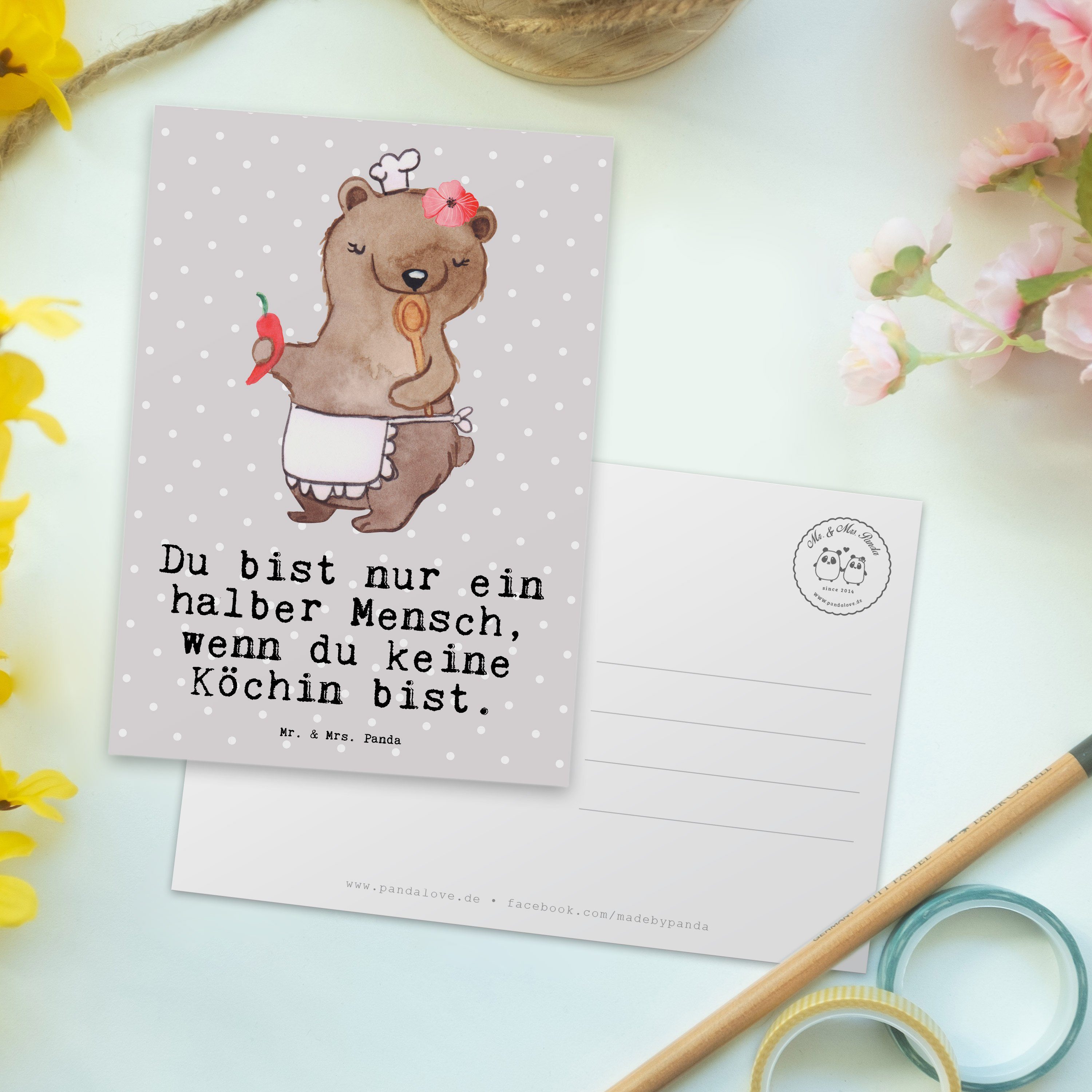 Geschenkkarte, Köchin Mr. Mrs. Panda Geschenk, - - Herz Postkarte Grau mit Pastell Geburtstags &
