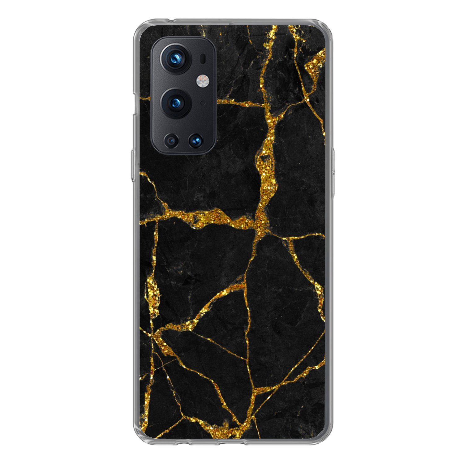 MuchoWow Handyhülle für OnePlus 9 Pro Marmor - Gold - Schwarz - Marmoroptik - Glitter, Phone Case, Silikon, Schutzhülle Dünn