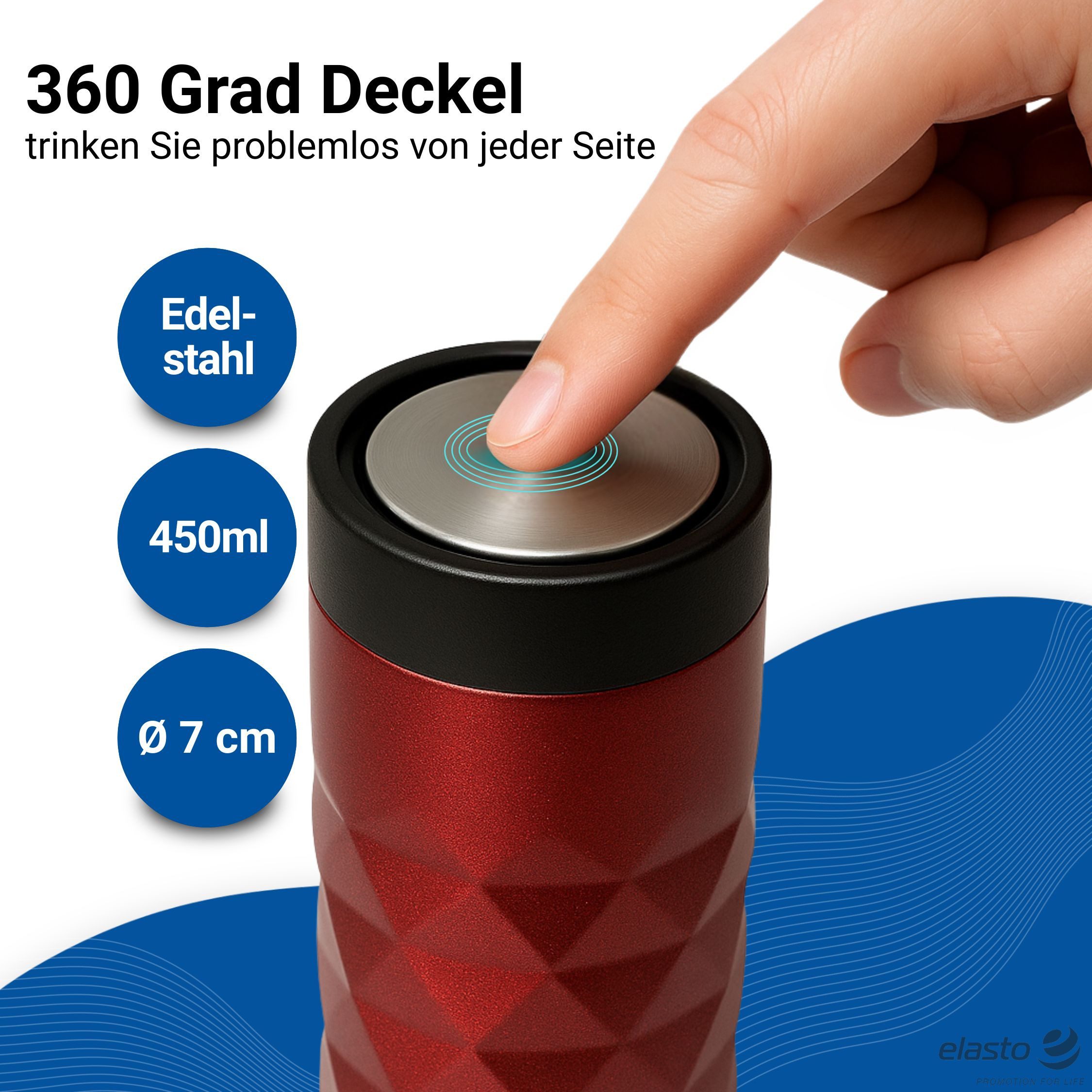 elasto Coffee-to-go-Becher Diamond 360 auslaufsicherer Thermobecher 450 ml, Kaffeebecher to go, Doppelwand, Leicht, Robust, 360 Grad Deckel