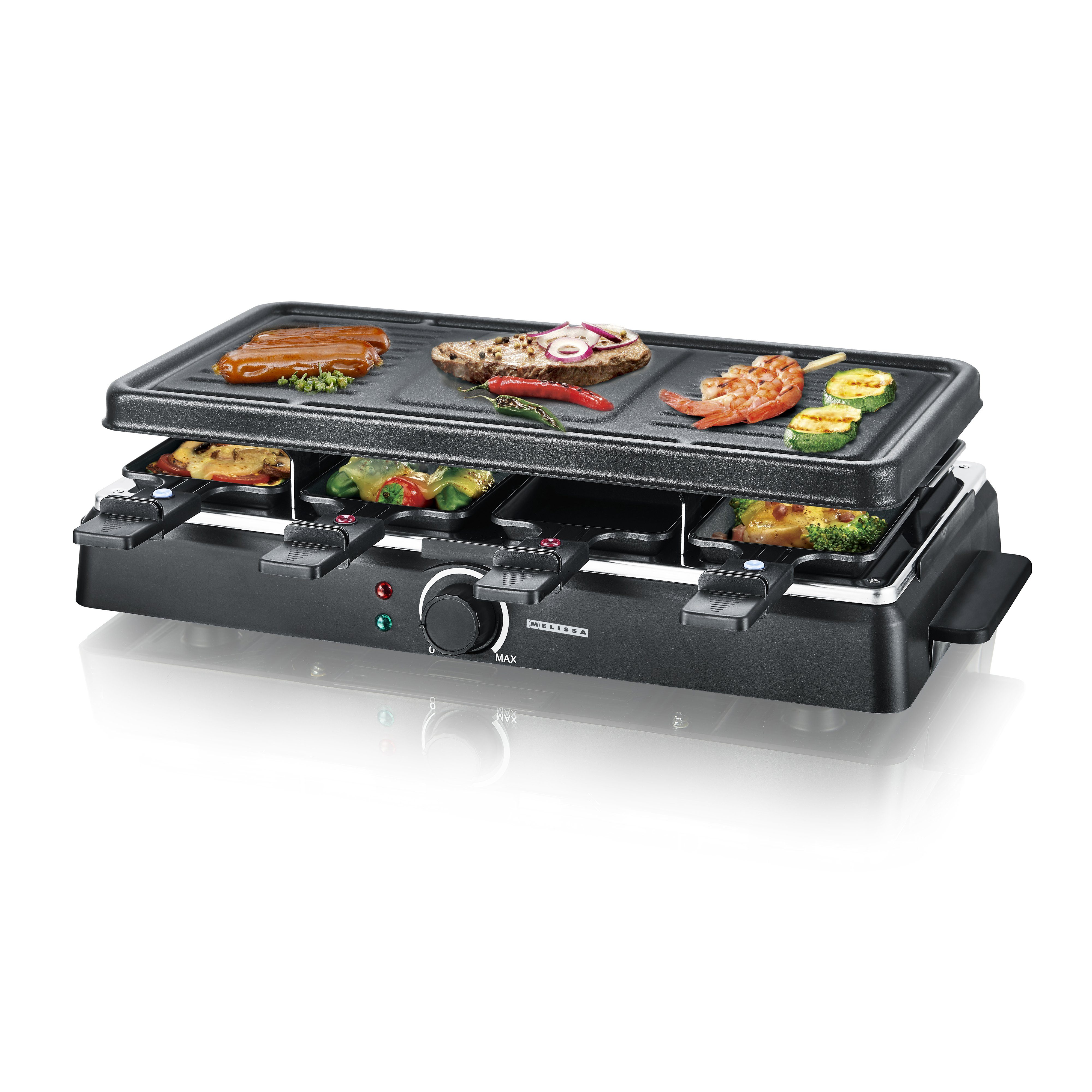 MELISSA Raclette 8 Personen Gourmet Schwarz, 8 Raclettepfännchen, Grillplatte für 8 Pers. mit Antihaft, Temperaturkontrolle & rutschfest