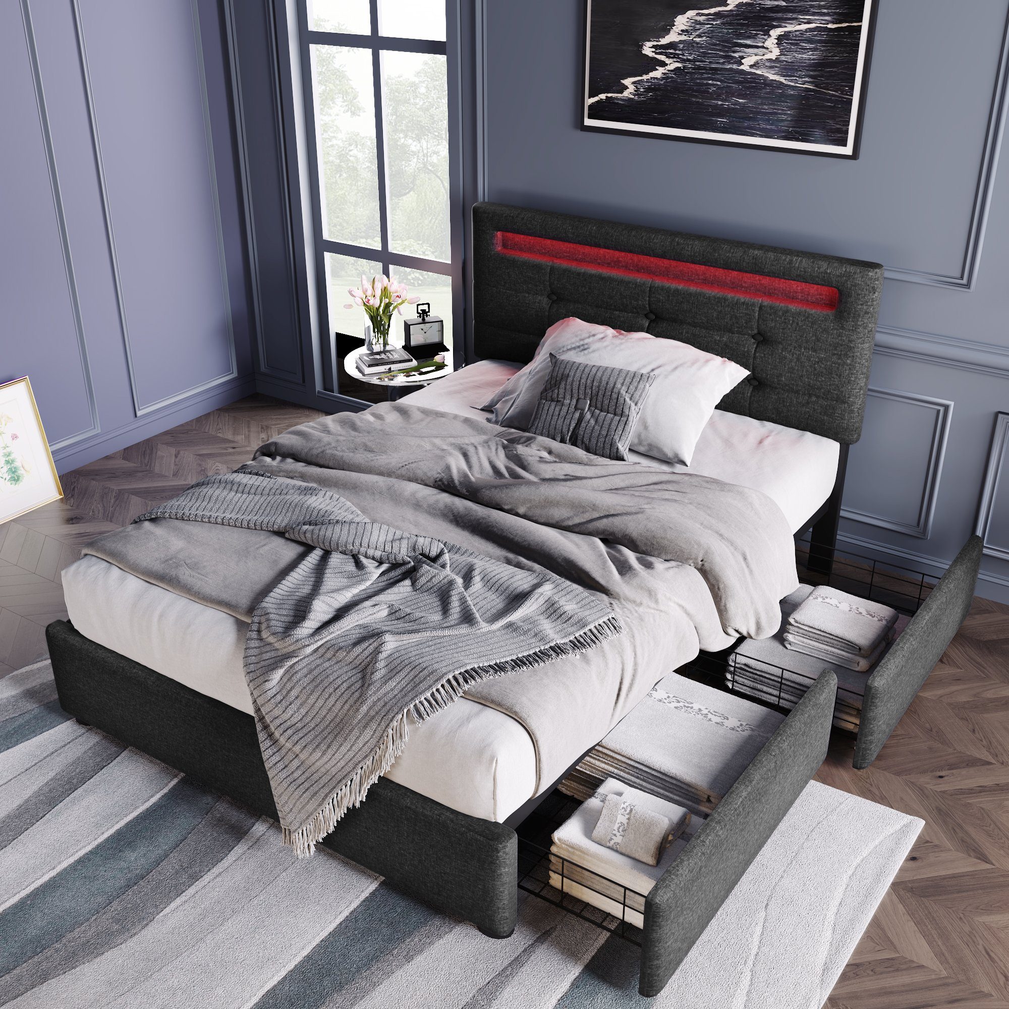 Polsterbett (mit LED-Beleuchtung, Fernbedienung und verstellbarem Kopfteil), Einzelbett mit Lattenrost, 2 Schubladen, Leinen, 90x200cm Bett