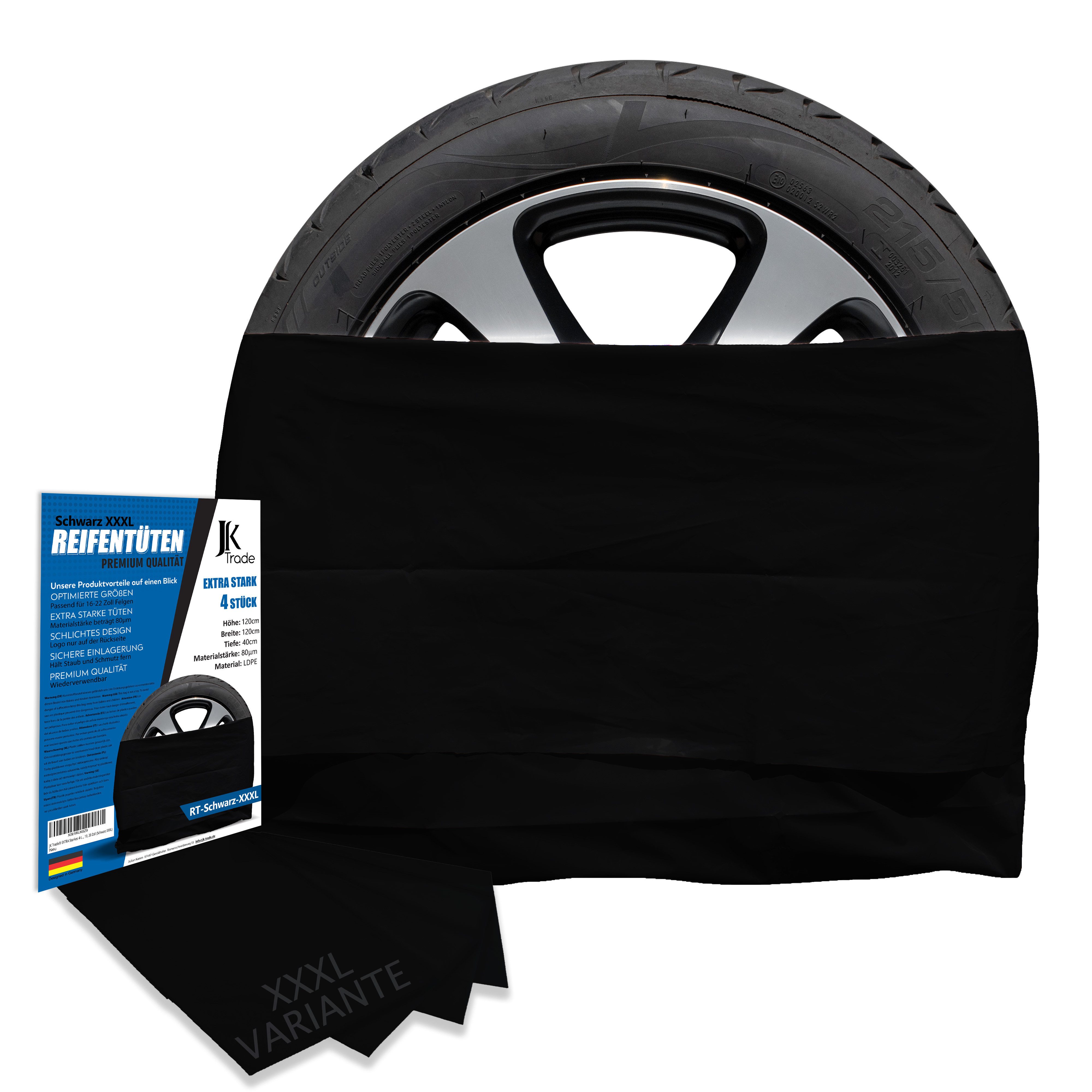 JK Trade Reifentasche - Reifentüten extra stabil, Felgentasche (4´er Pack, Schwarz, Weiß, Grau), hochwertiger LDPE-Kunststoff, Reifensäcke für Sommer- & Winterreifen