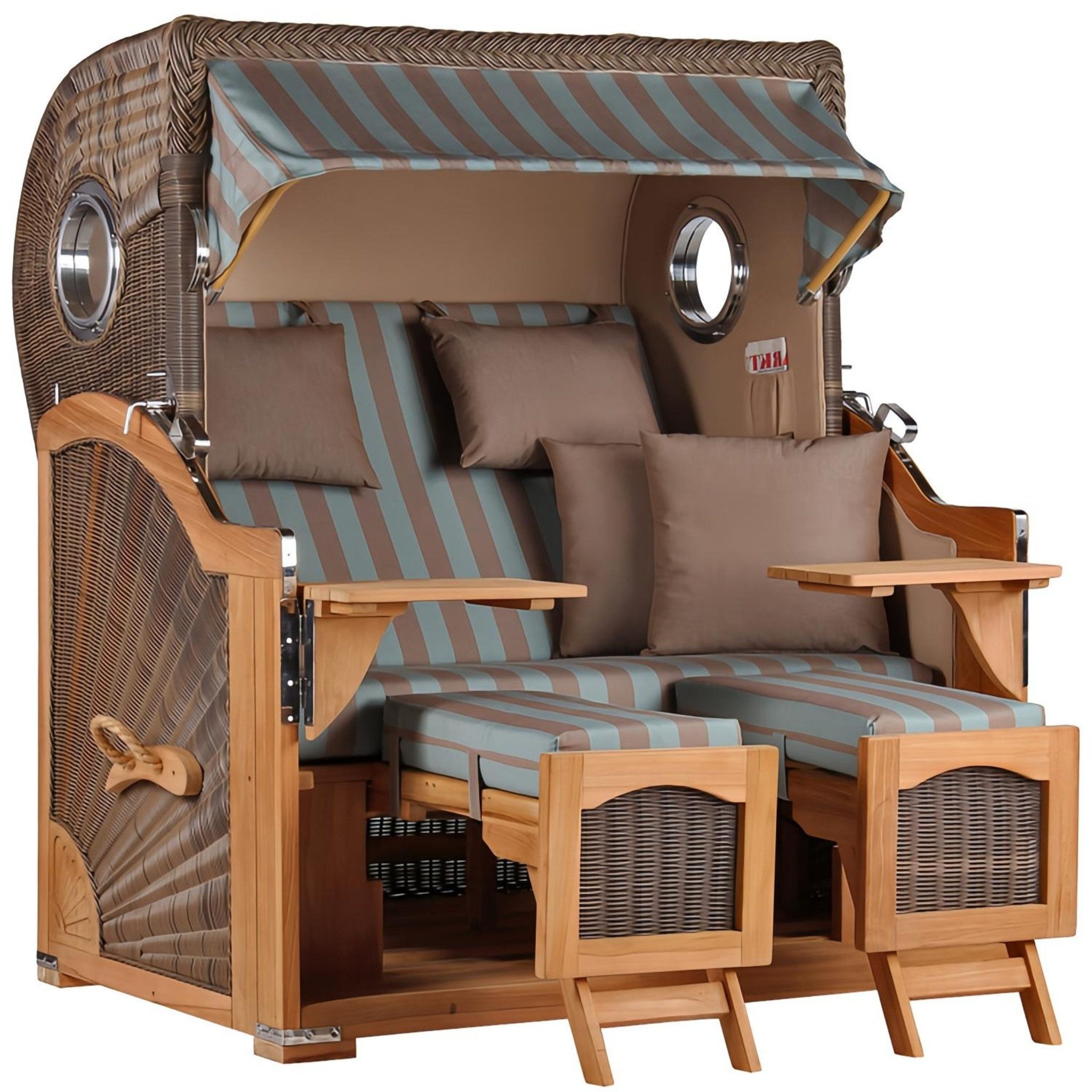 MR.DEKO Strandkorb 2,5 Sitzer Düne Grande, wetterfest mit Bullauge Teak PE Grey XL, BxTxH: 142x95x170 cm, Volllieger, Düne, (Fertig montierter Strandkorb für Garten, Terrasse & Balkon), Wetterfester Volllieger mit Edelstahlbeschlägen & waschbaren Polstern