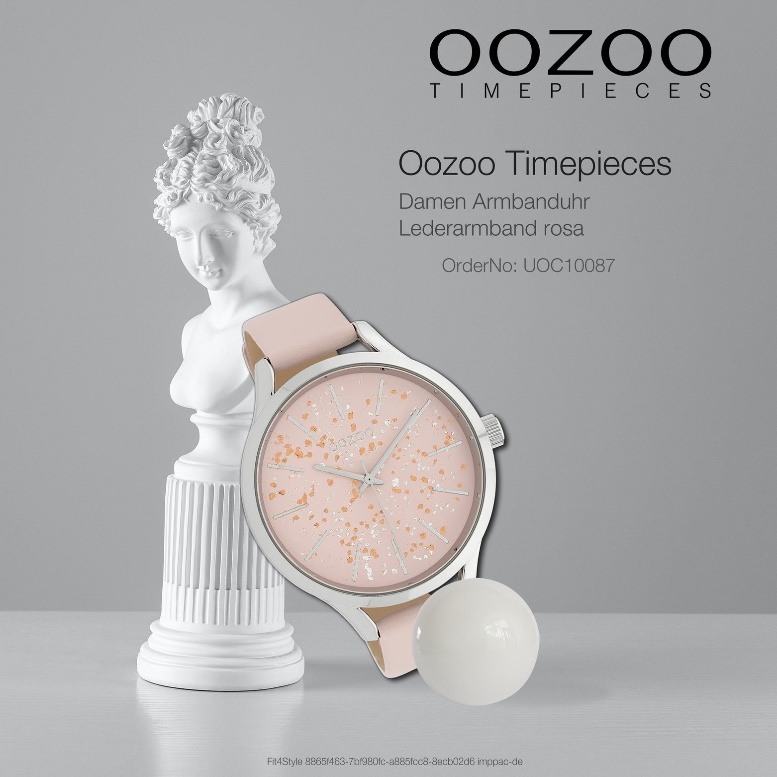 rosa Damenuhr Damen 44mm) groß Oozoo (ca. Fashion-Style rund, Quarzuhr Armbanduhr Analog, Lederarmband, OOZOO