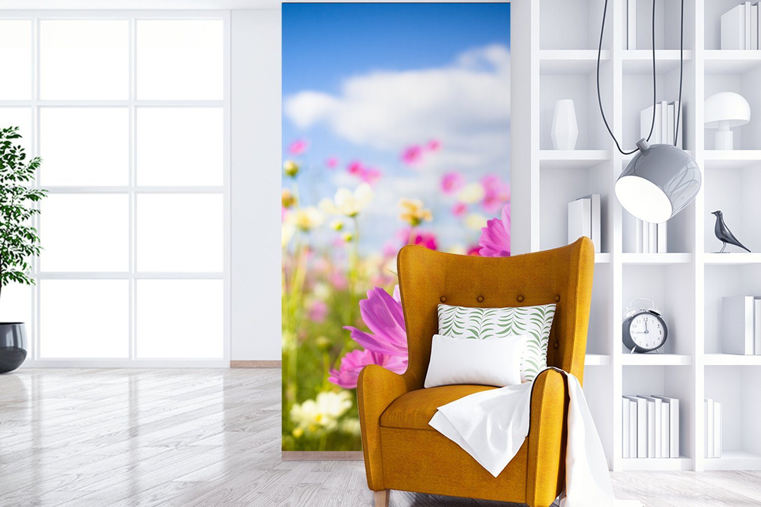 - Wiese MuchoWow Matt, - Vliestapete Fototapete bedruckt, - - Wohnzimmer - Blumen für Fototapete - Schlafzimmer Wolken Küche, Gras Blau, Weiß Lila (2 St),